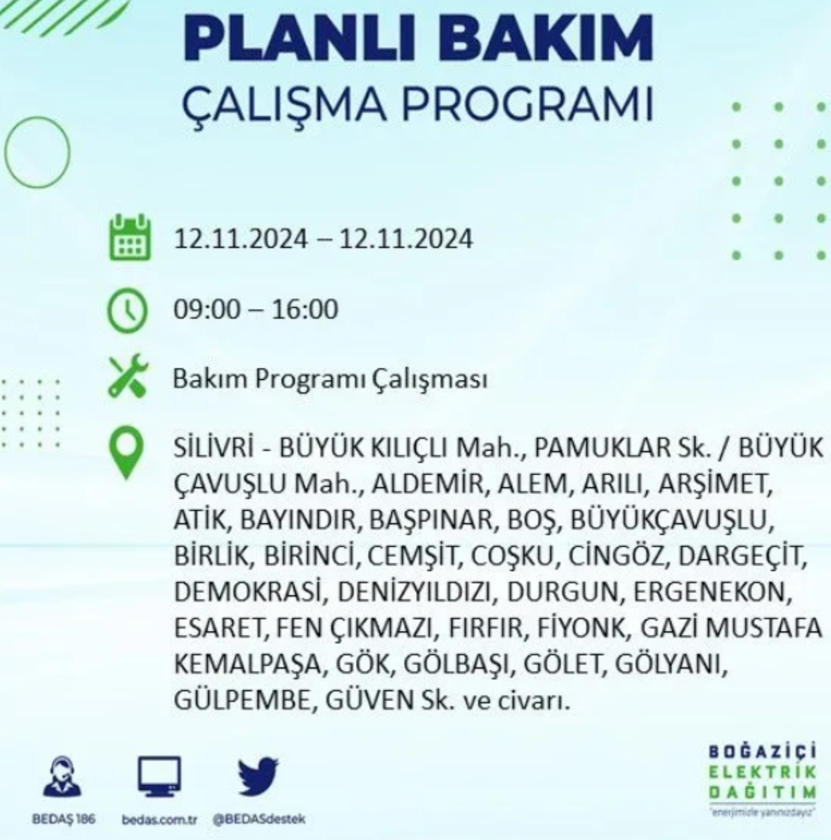 BEDAŞ paylaştı: İstanbul'da 12 Kasım Salı günü elektrik kesintisi yaşanacak ilçeler