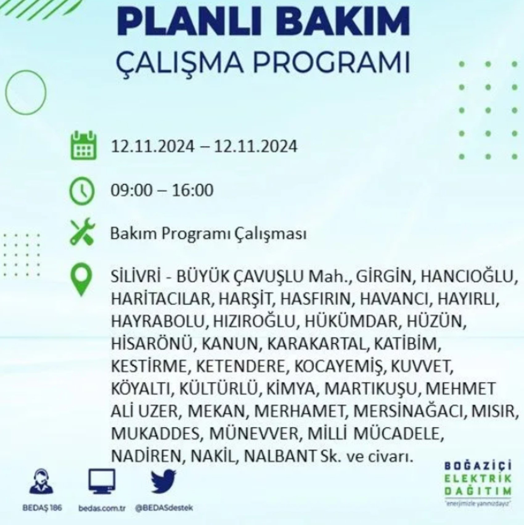 BEDAŞ paylaştı: İstanbul'da 12 Kasım Salı günü elektrik kesintisi yaşanacak ilçeler