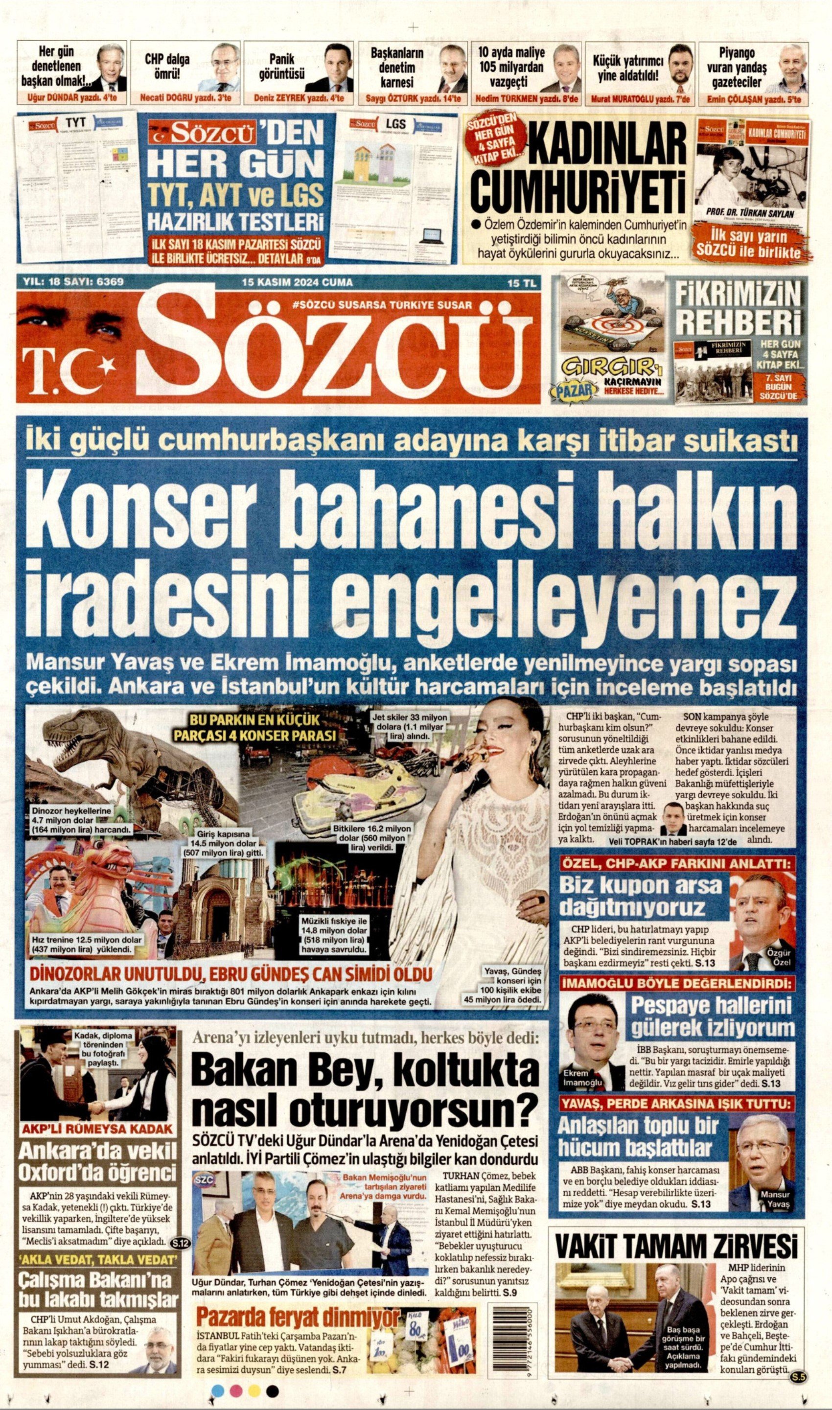 Gazeteler CHP'li belediyelere açılan soruşturmaları nasıl gördü? Yandaş medya İmamoğlu ve Yavaş'ı hedef aldı (15 Kasım 2024 gazete manşetleri)