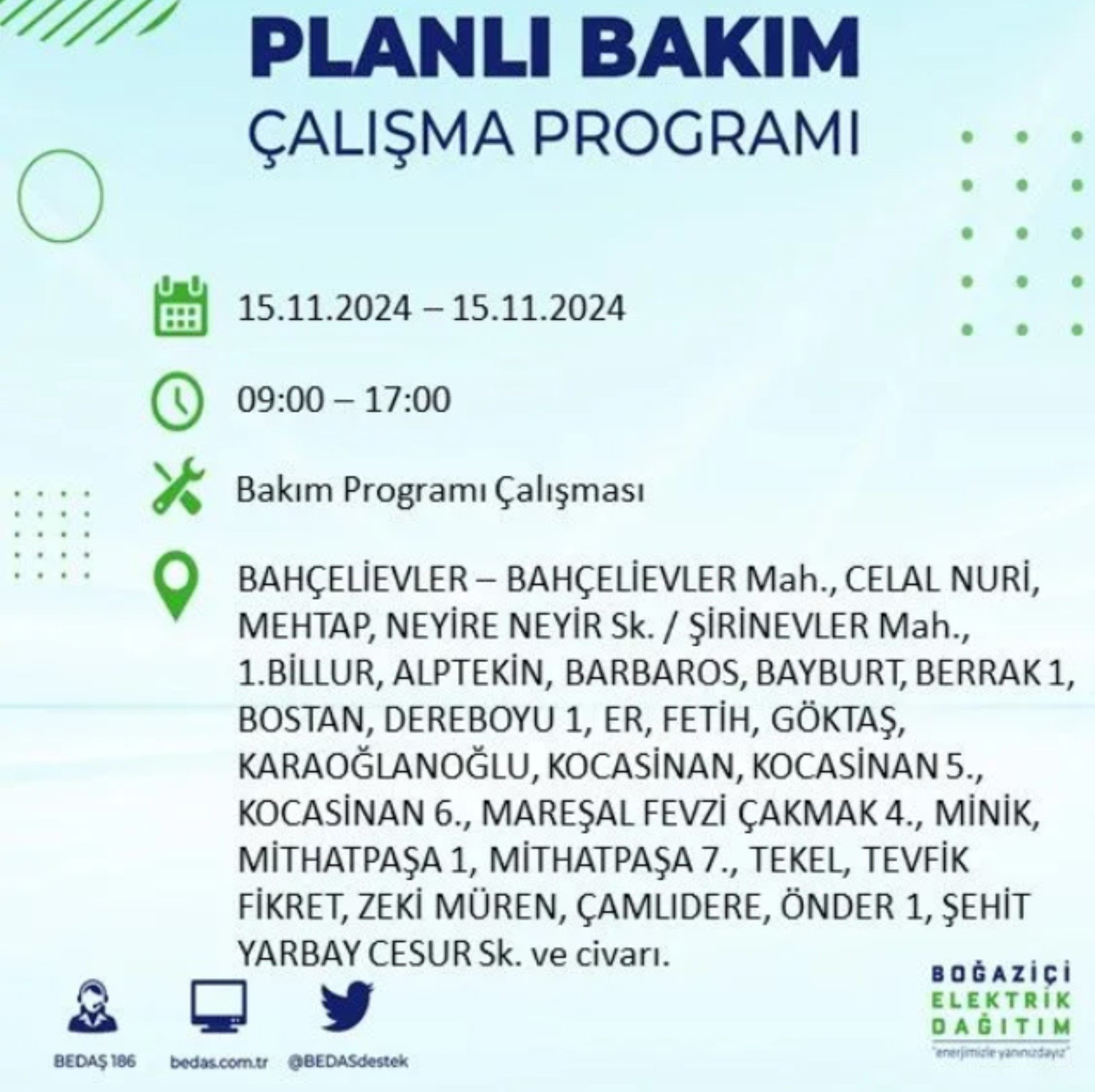 BEDAŞ açıkladı... İstanbul'da elektrik kesintisi: 15 Kasım'da hangi mahalleler etkilenecek?