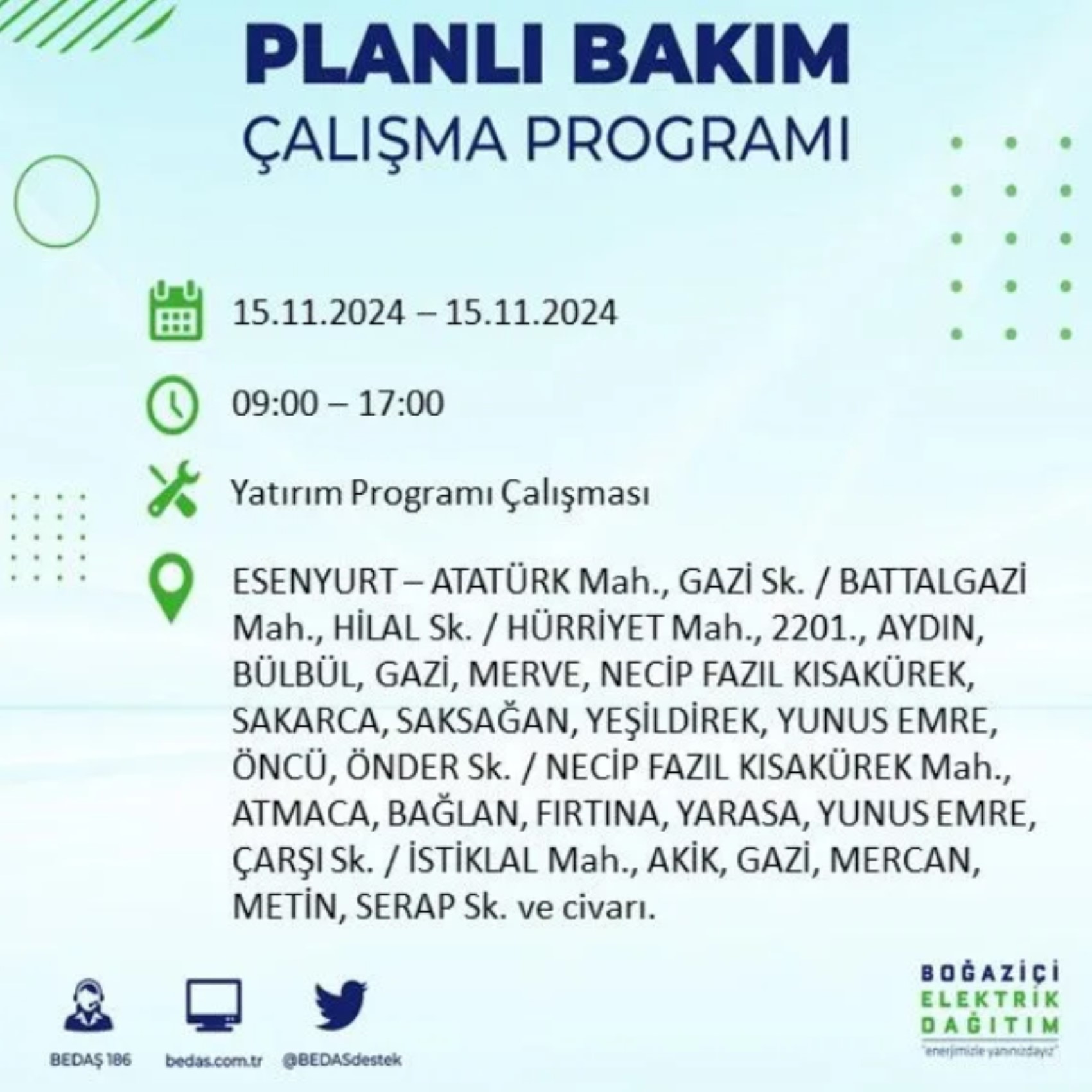 BEDAŞ açıkladı... İstanbul'da elektrik kesintisi: 15 Kasım'da hangi mahalleler etkilenecek?