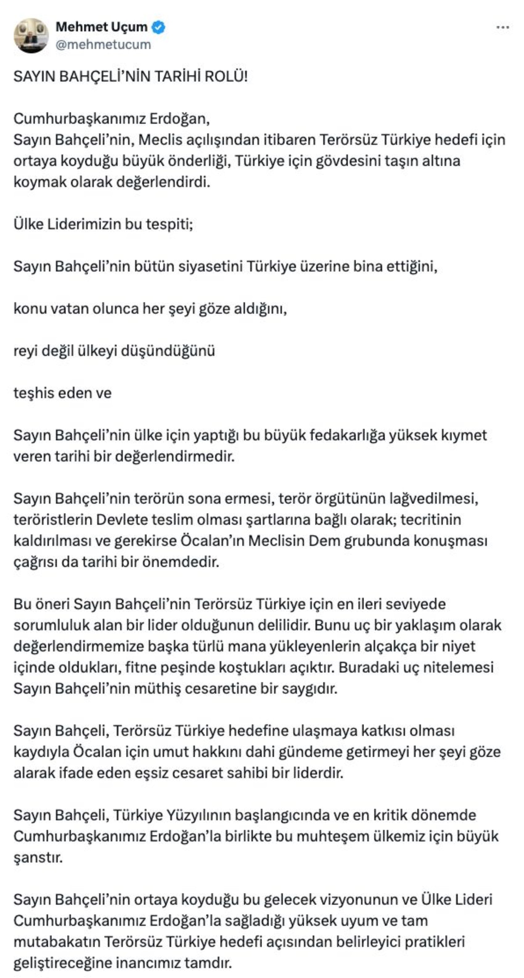 Erdoğan'ın sessizliği devam ederken, Mehmet Uçum'dan Bahçeli'nin Öcalan çağrısıyla ilgili yeni açıklama