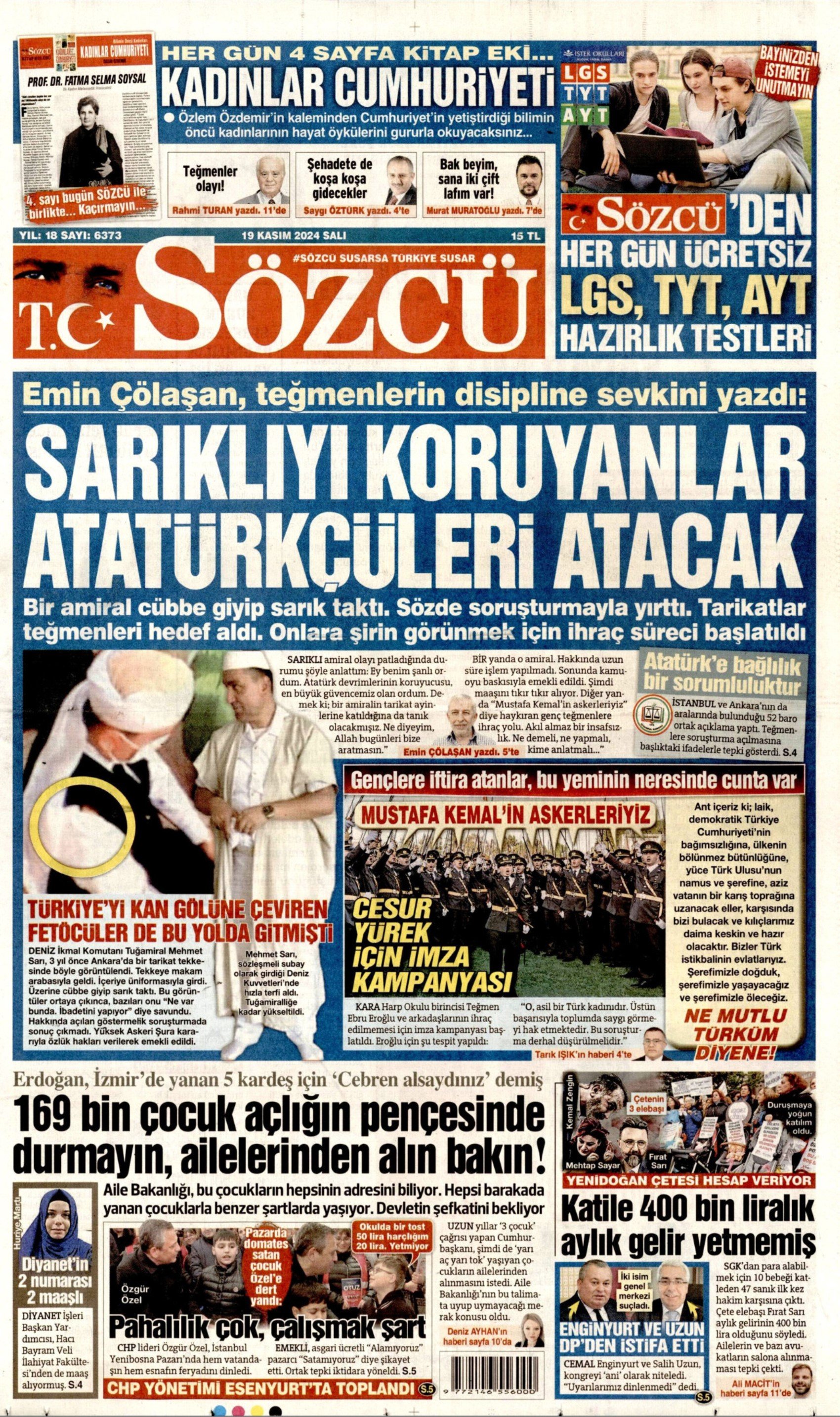 Gazeteler, teğmenlere ihraç talebini nasıl gördü? 'Sarıklıyı koruyanlar Atatürkçüleri atacak' (19 Kasım 2024 gazete manşetleri)