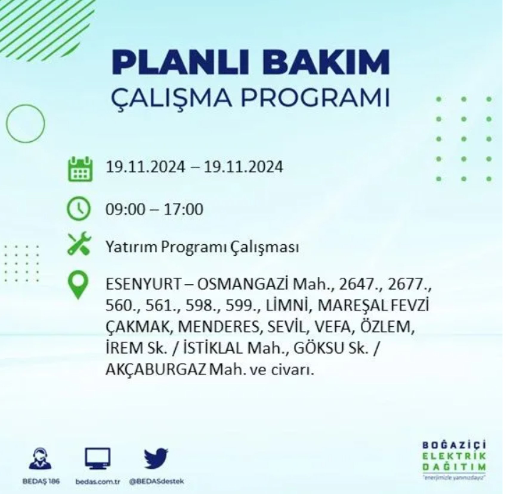 BEDAŞ açıkladı... İstanbul'da elektrik kesintisi: 19 Kasım'da hangi mahalleler etkilenecek?