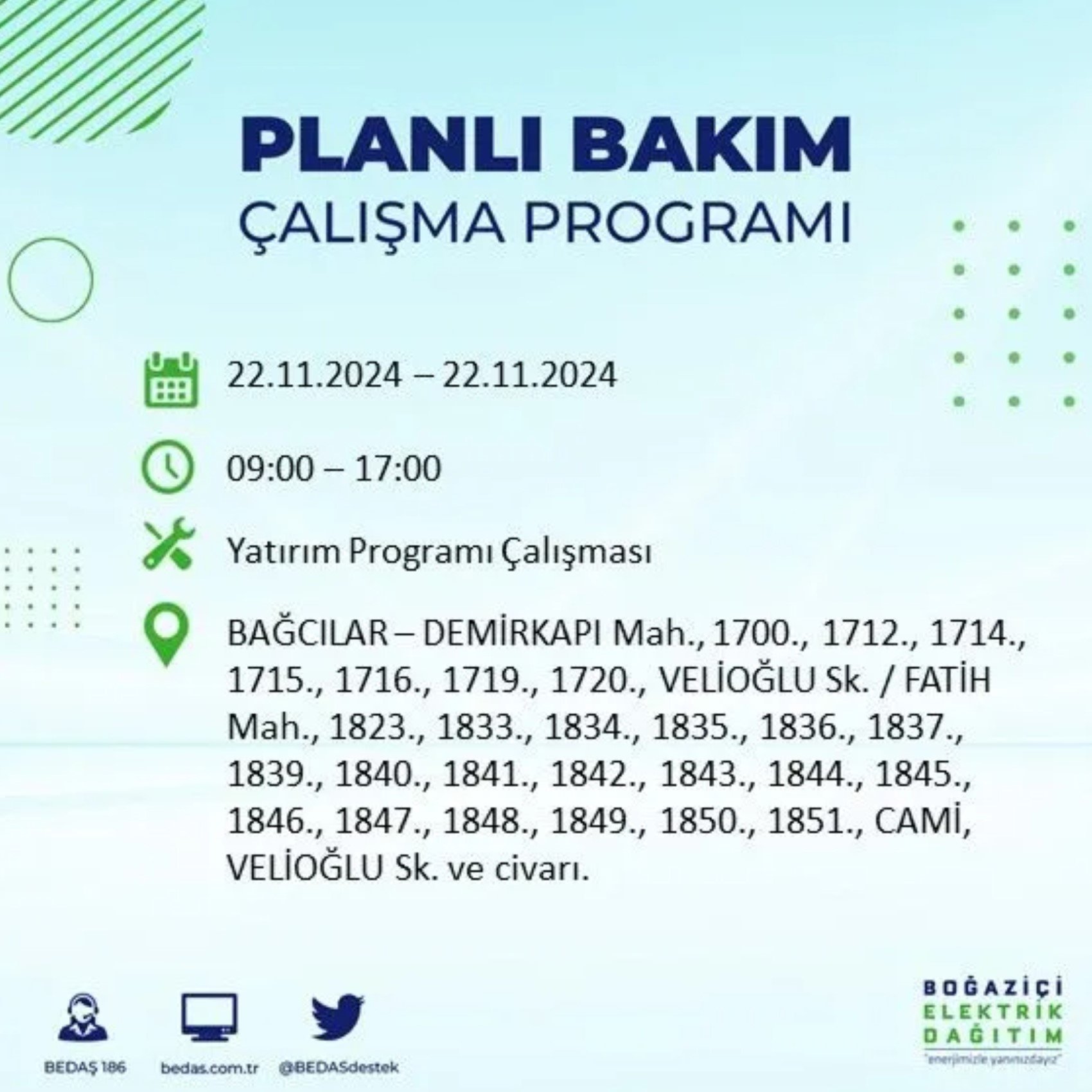 BEDAŞ açıkladı... İstanbul'da elektrik kesintisi: 22 Kasım'da hangi mahalleler etkilenecek?