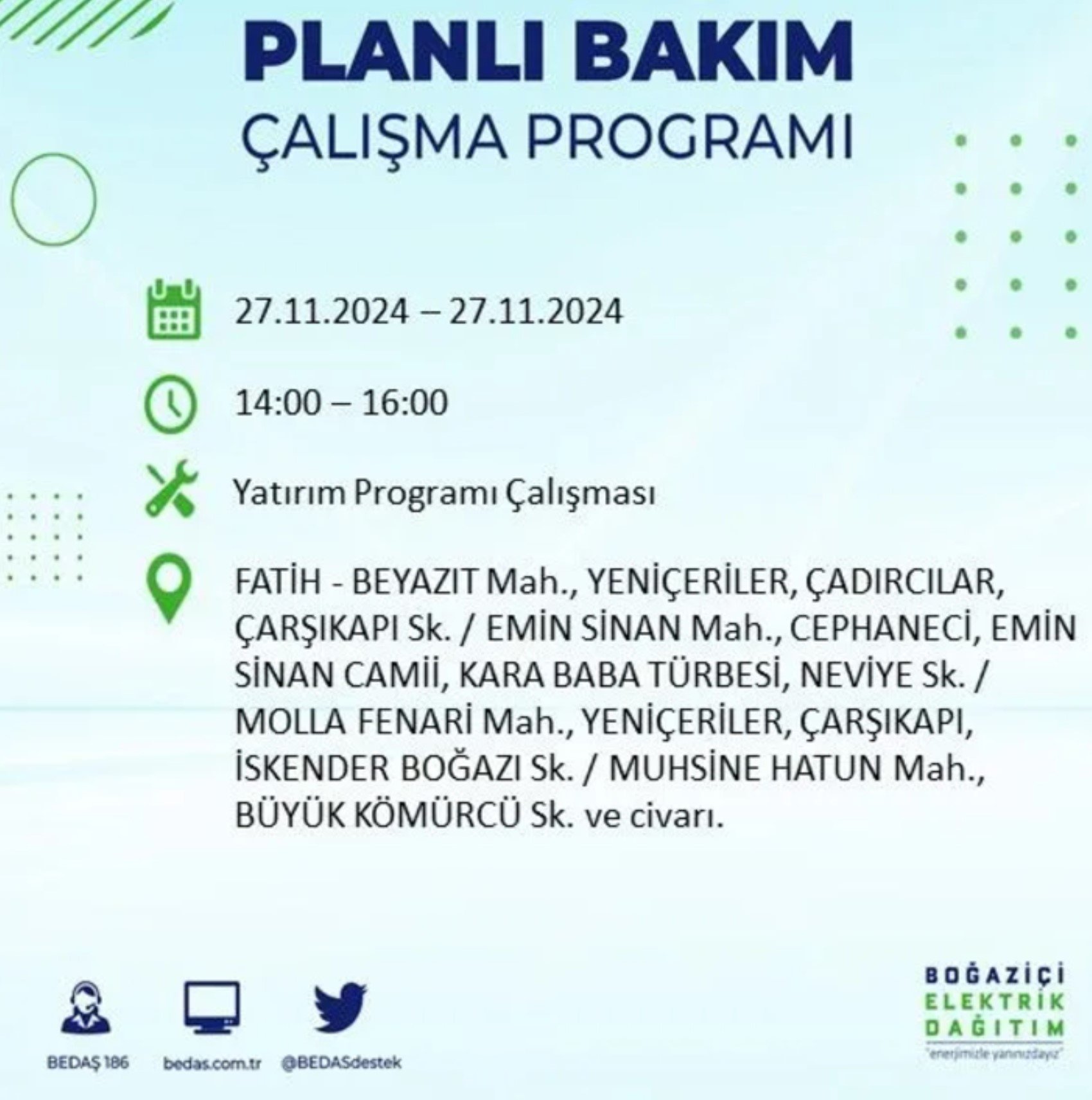 BEDAŞ açıkladı... İstanbul'da elektrik kesintisi: 27 Kasım'da hangi mahalleler etkilenecek?