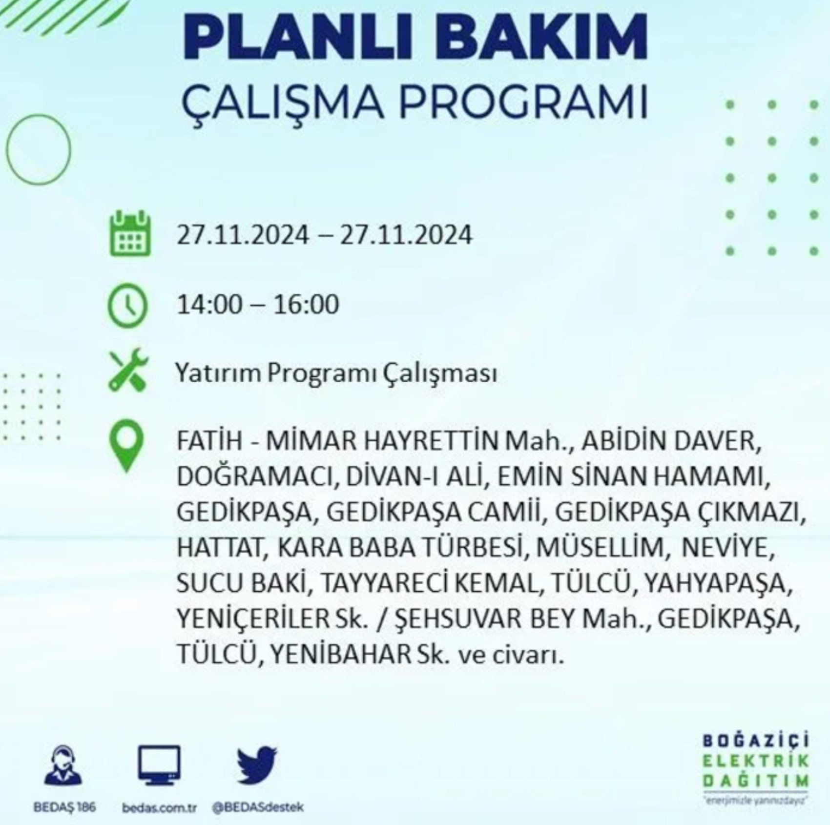 BEDAŞ açıkladı... İstanbul'da elektrik kesintisi: 27 Kasım'da hangi mahalleler etkilenecek?