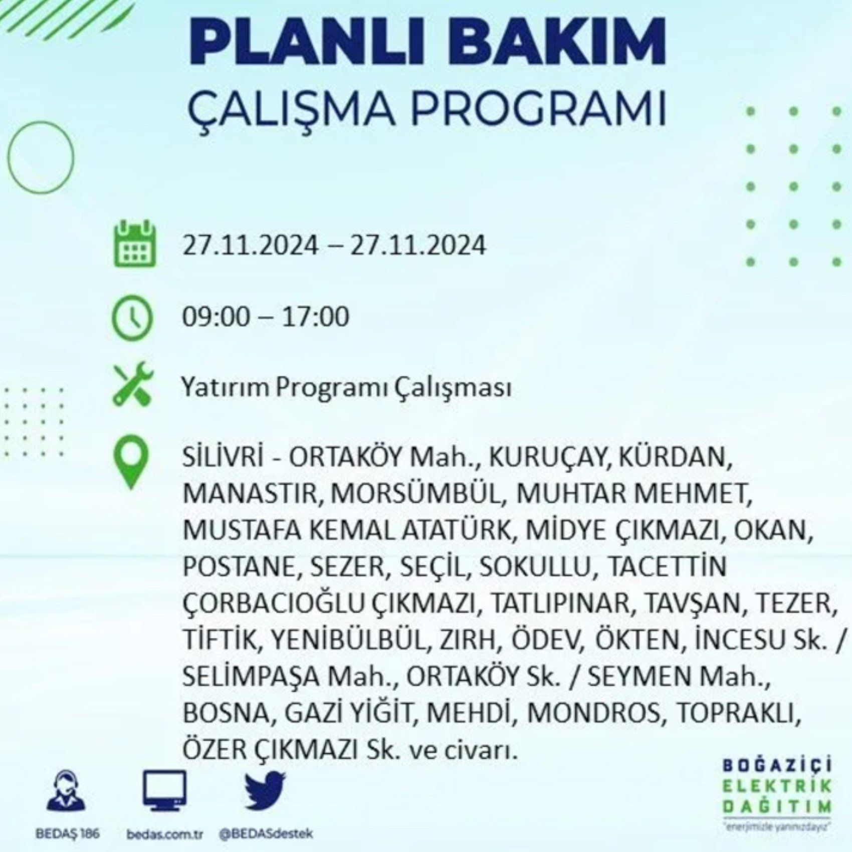 BEDAŞ açıkladı... İstanbul'da elektrik kesintisi: 27 Kasım'da hangi mahalleler etkilenecek?