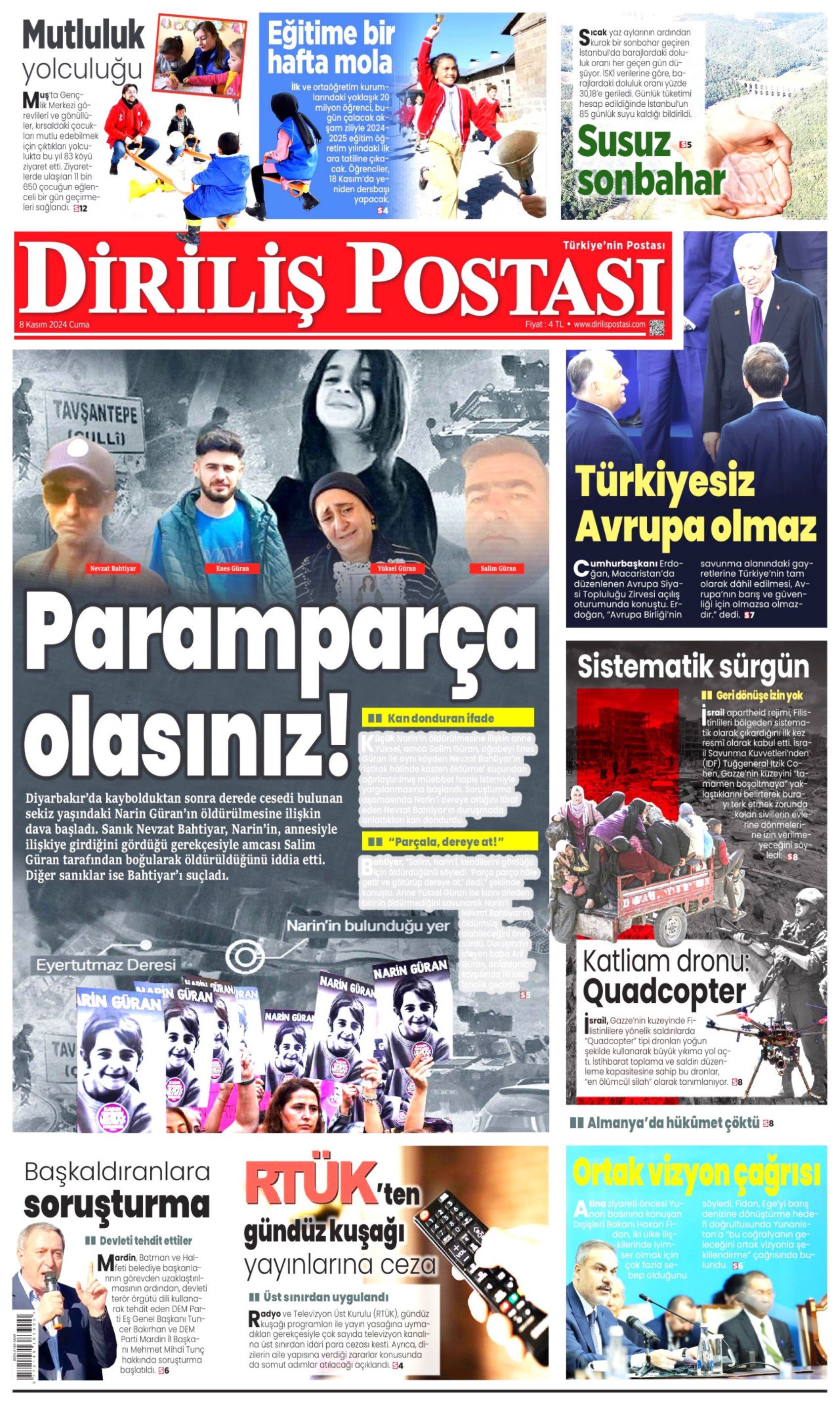Gazeteler Narin Güran davasının ilk duruşmasını nasıl gördü? (8 Kasım 2024 gazete manşetleri)