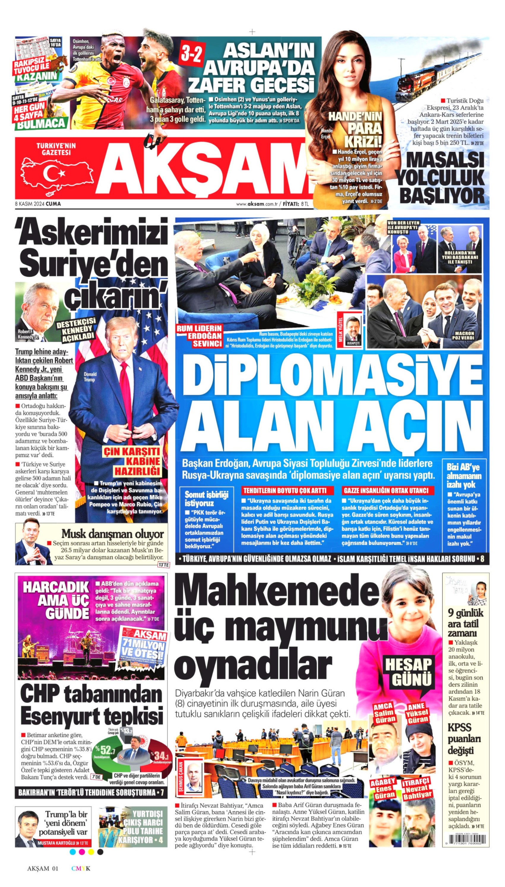 Gazeteler Narin Güran davasının ilk duruşmasını nasıl gördü? (8 Kasım 2024 gazete manşetleri)