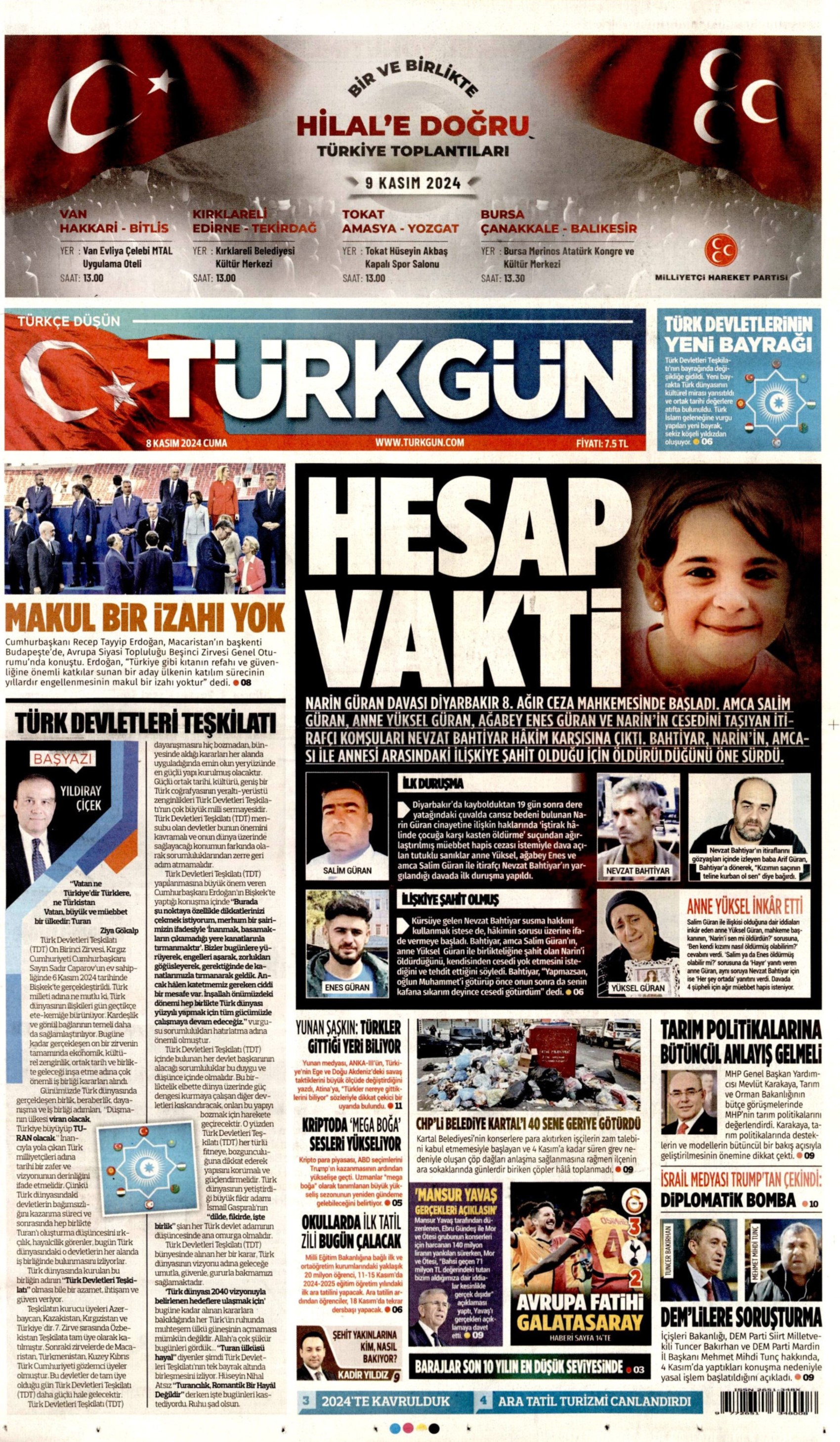 Gazeteler Narin Güran davasının ilk duruşmasını nasıl gördü? (8 Kasım 2024 gazete manşetleri)