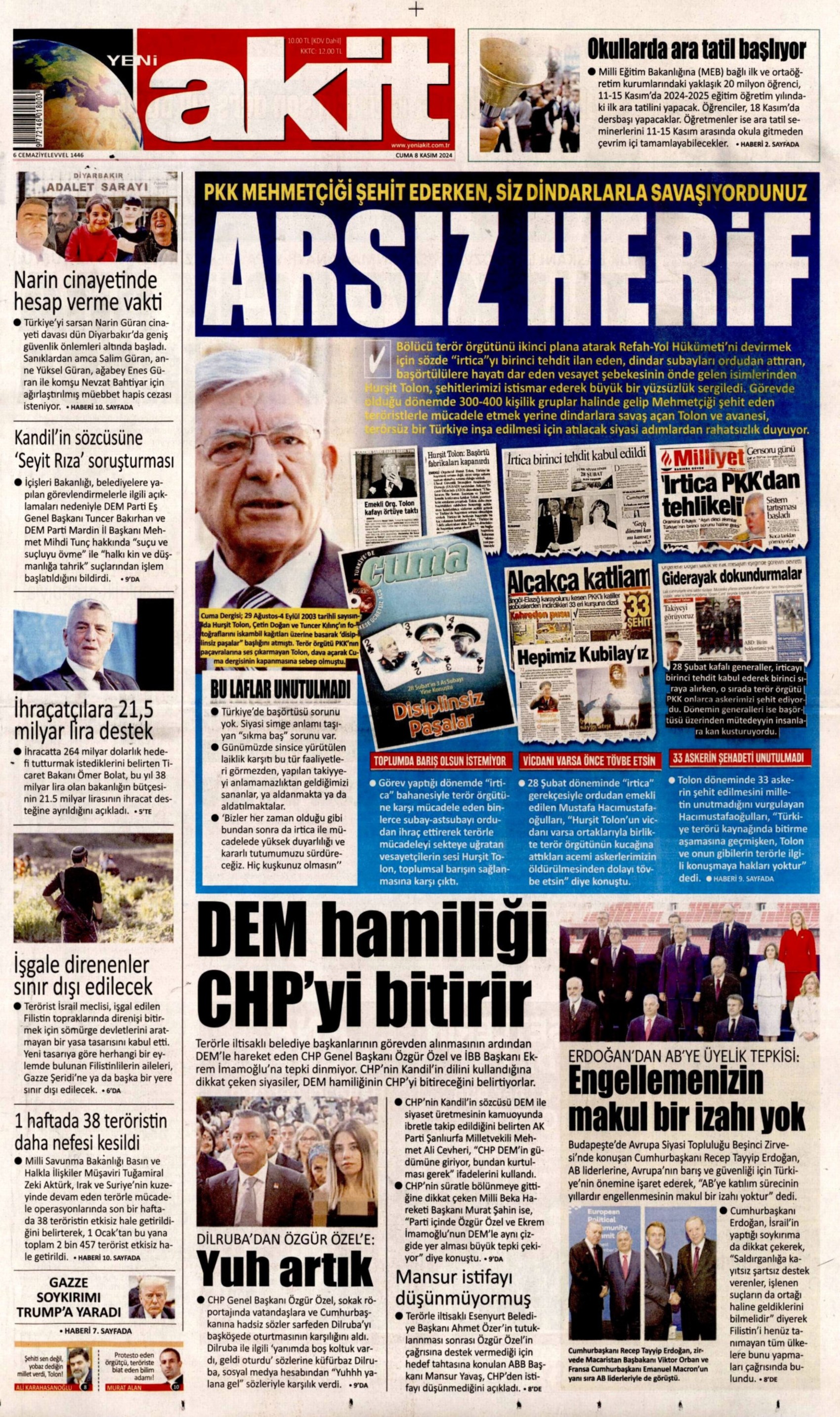 Gazeteler Narin Güran davasının ilk duruşmasını nasıl gördü? (8 Kasım 2024 gazete manşetleri)
