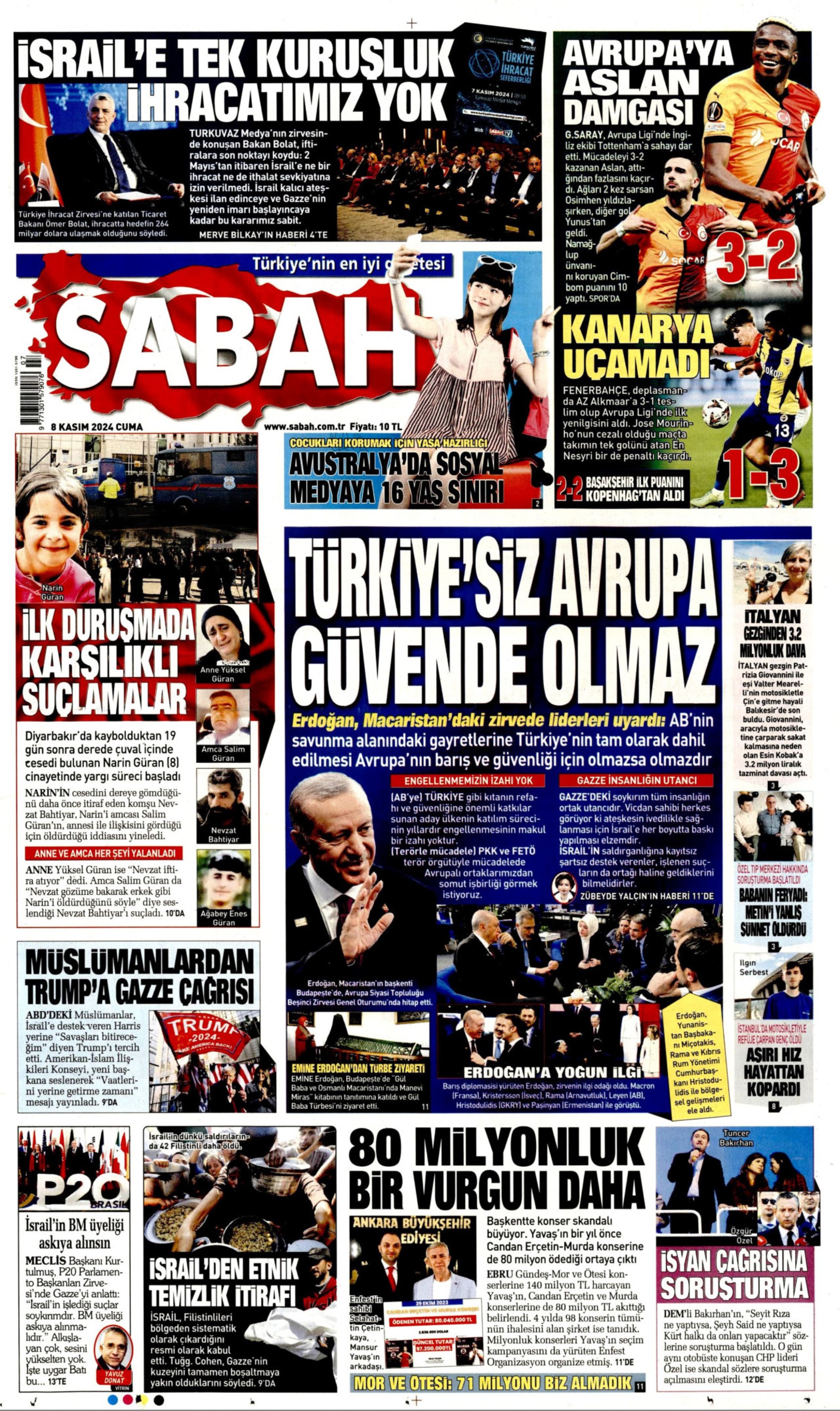 Gazeteler Narin Güran davasının ilk duruşmasını nasıl gördü? (8 Kasım 2024 gazete manşetleri)