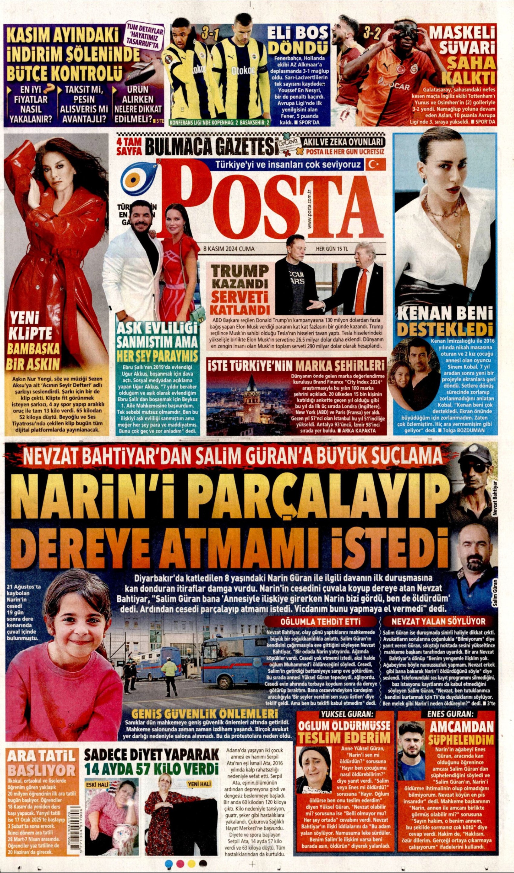 Gazeteler Narin Güran davasının ilk duruşmasını nasıl gördü? (8 Kasım 2024 gazete manşetleri)