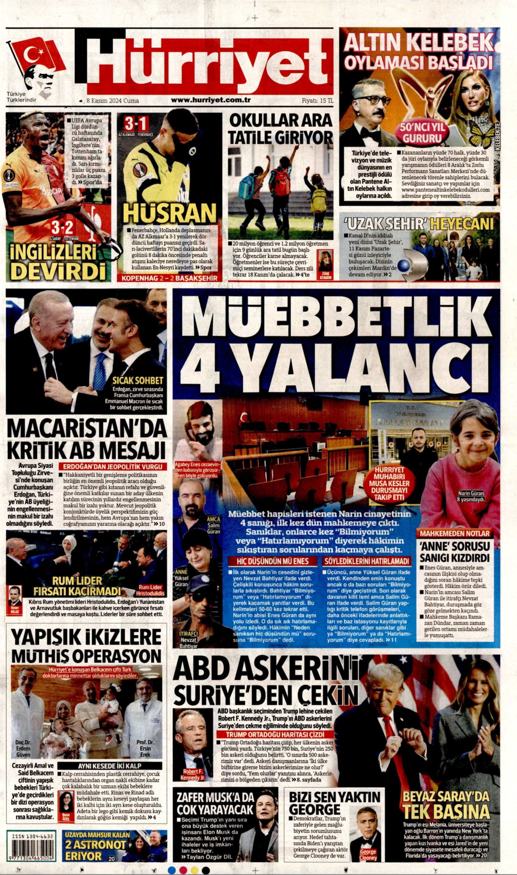 Gazeteler Narin Güran davasının ilk duruşmasını nasıl gördü? (8 Kasım 2024 gazete manşetleri)
