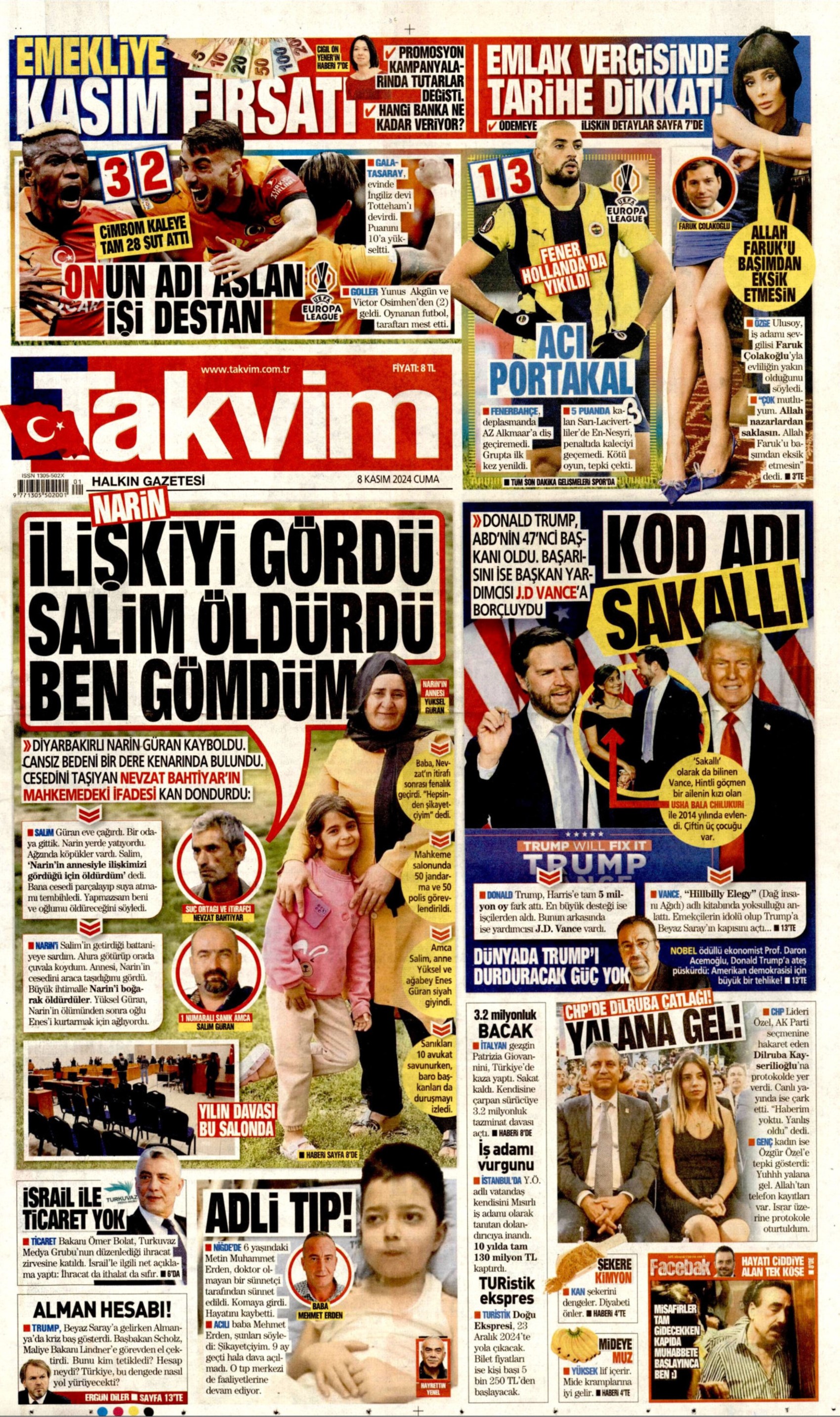 Gazeteler Narin Güran davasının ilk duruşmasını nasıl gördü? (8 Kasım 2024 gazete manşetleri)