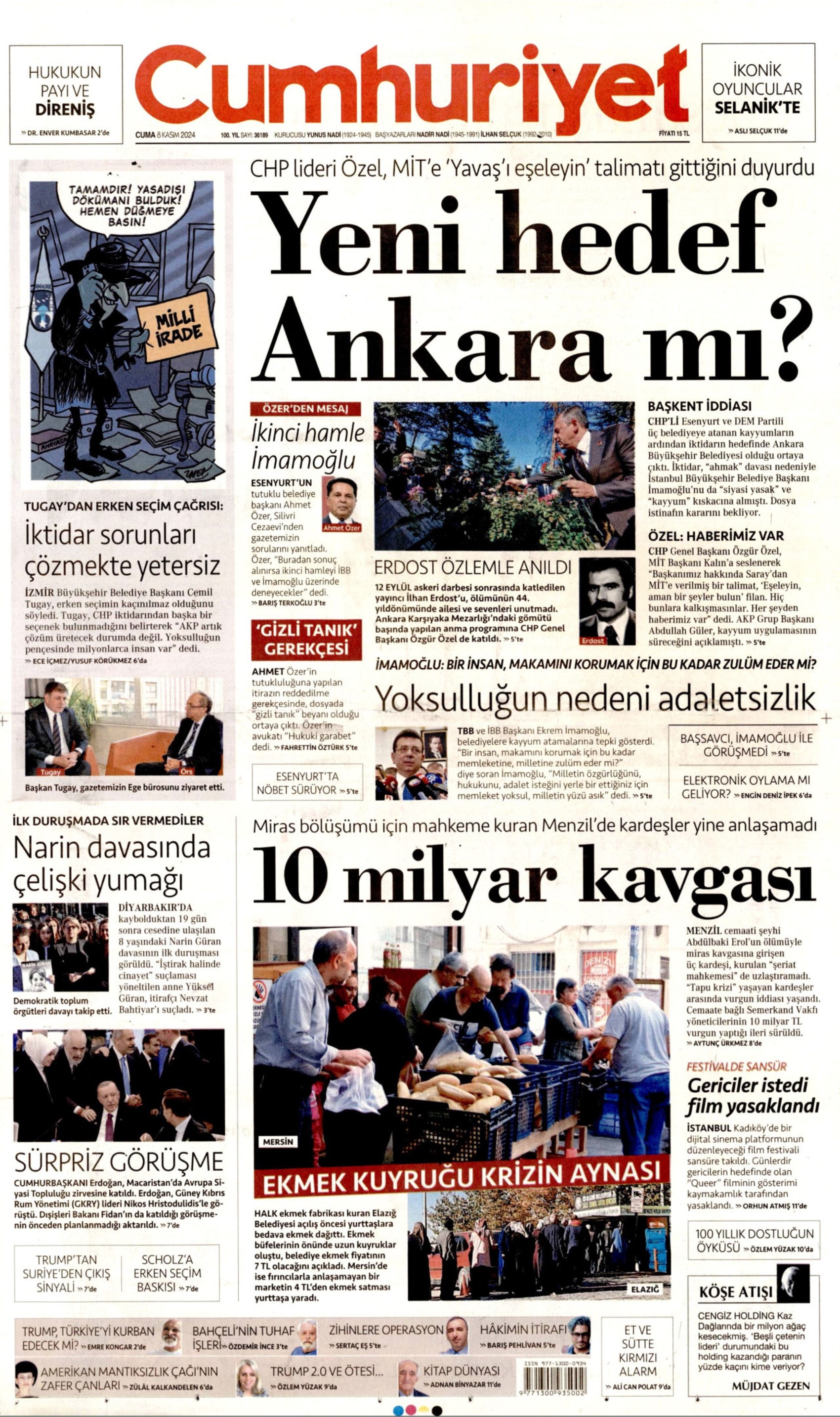 Gazeteler Narin Güran davasının ilk duruşmasını nasıl gördü? (8 Kasım 2024 gazete manşetleri)