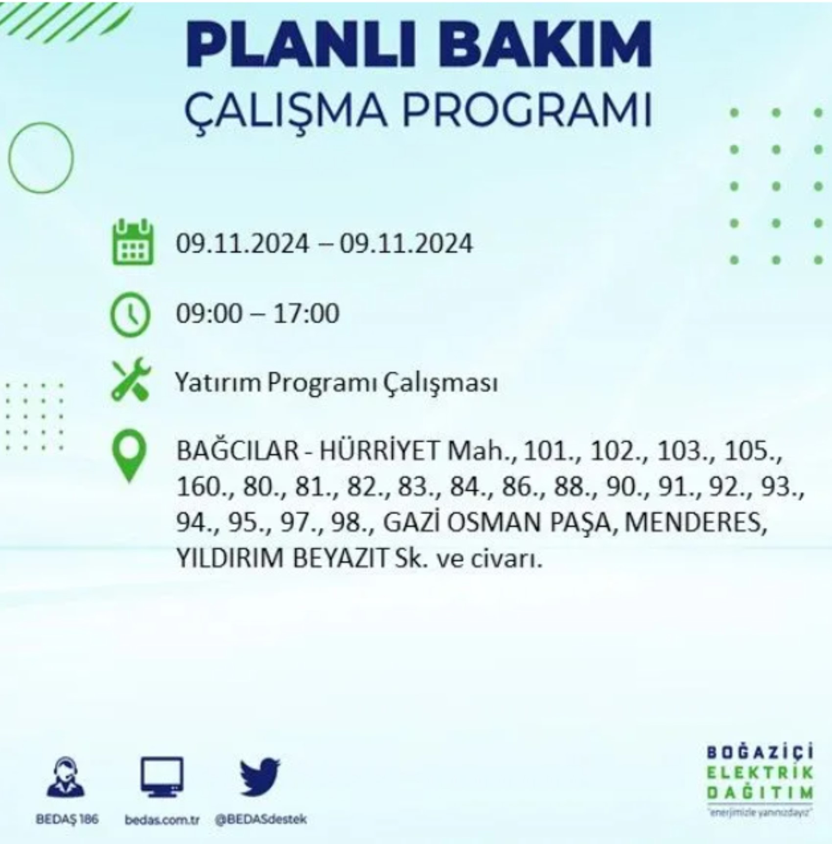 BEDAŞ duyurdu... 9 Kasım Cumartesi günü İstanbul'da hangi ilçelerde elektrik kesintisi yapılacak?