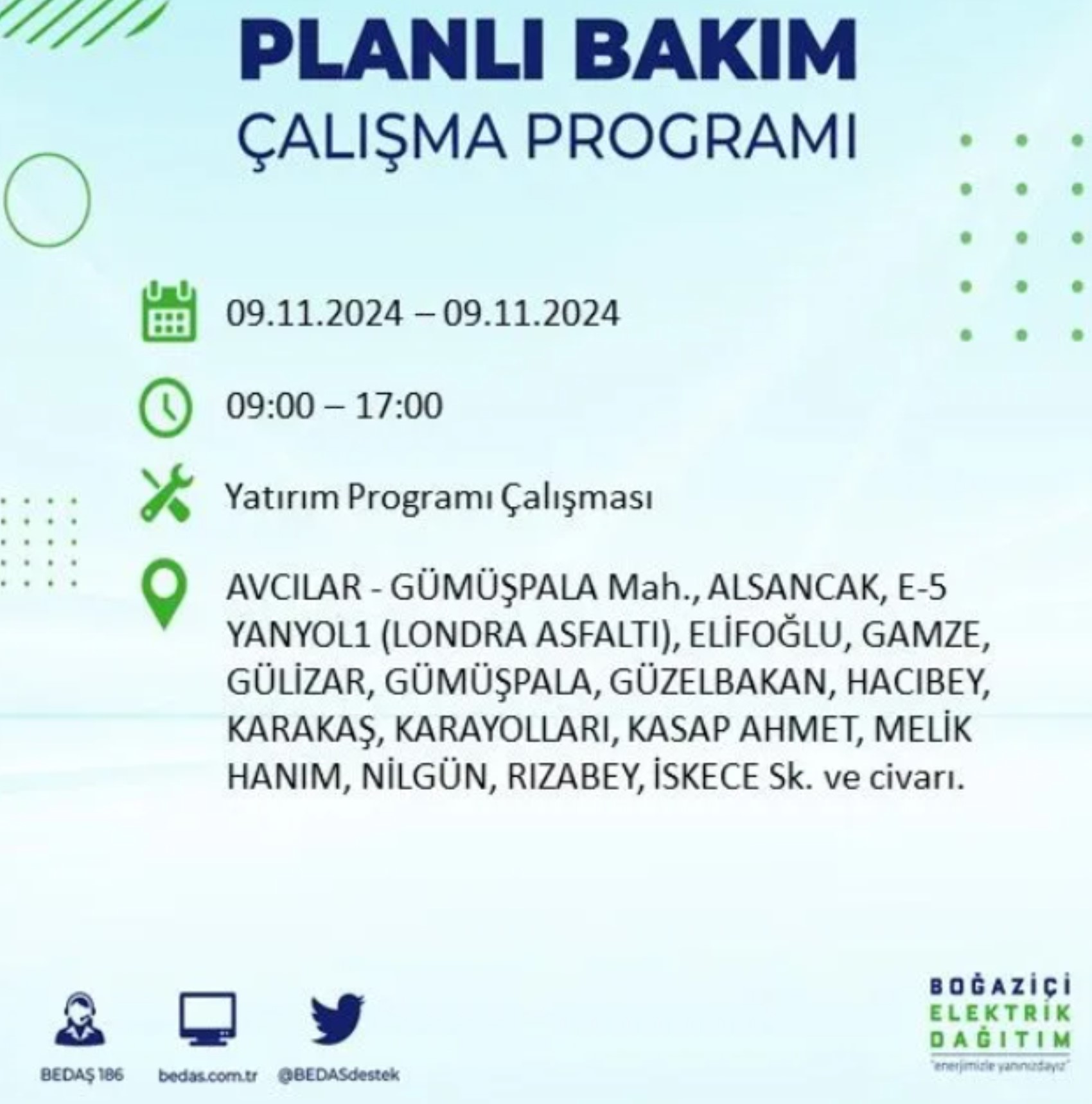 BEDAŞ duyurdu... 9 Kasım Cumartesi günü İstanbul'da hangi ilçelerde elektrik kesintisi yapılacak?