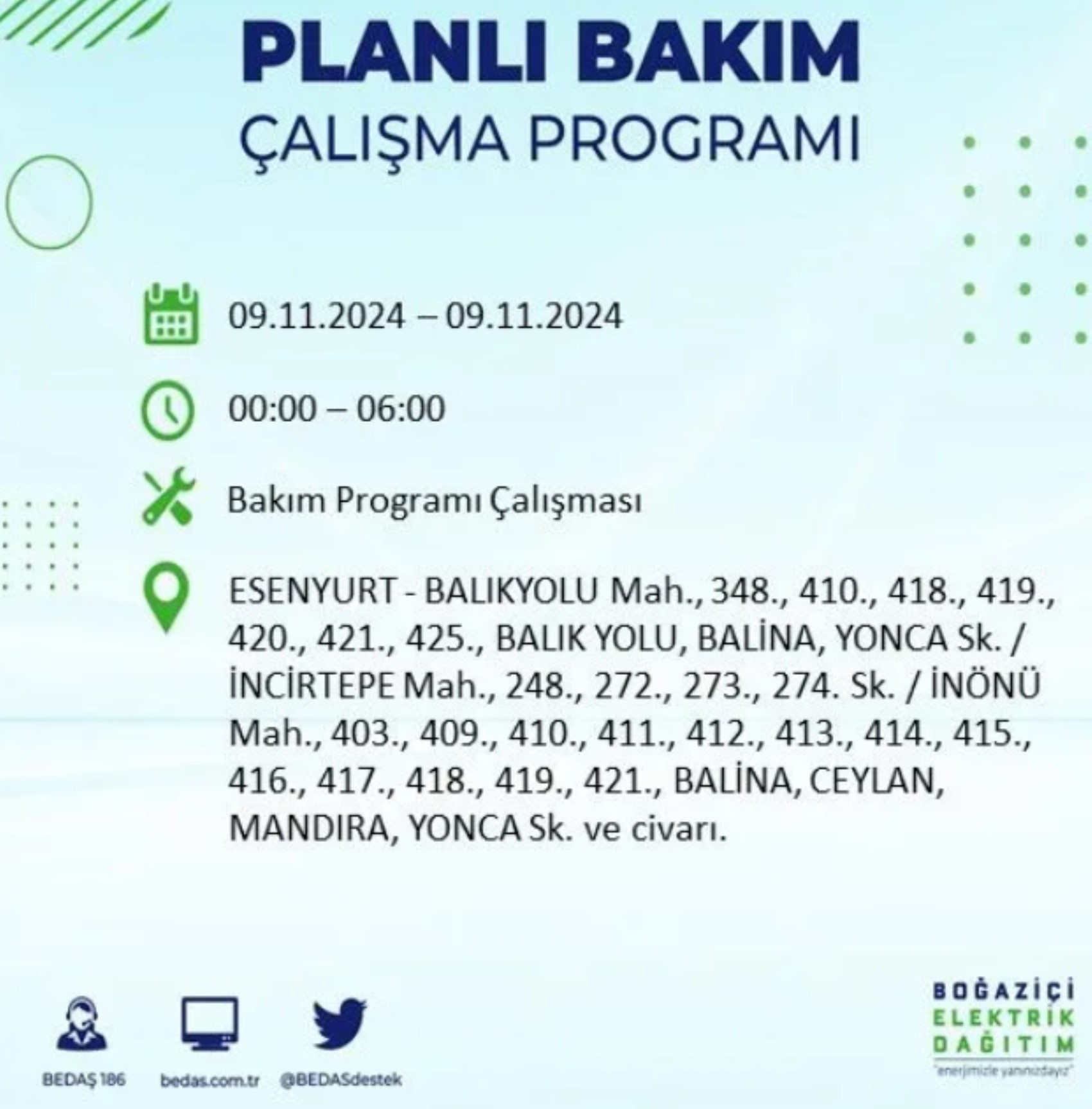 BEDAŞ duyurdu... 9 Kasım Cumartesi günü İstanbul'da hangi ilçelerde elektrik kesintisi yapılacak?