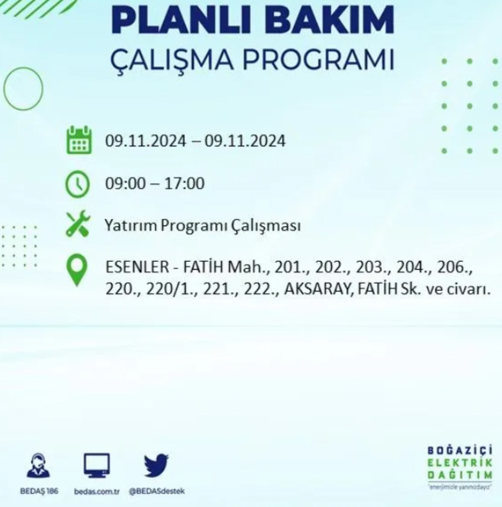 BEDAŞ duyurdu... 9 Kasım Cumartesi günü İstanbul'da hangi ilçelerde elektrik kesintisi yapılacak?