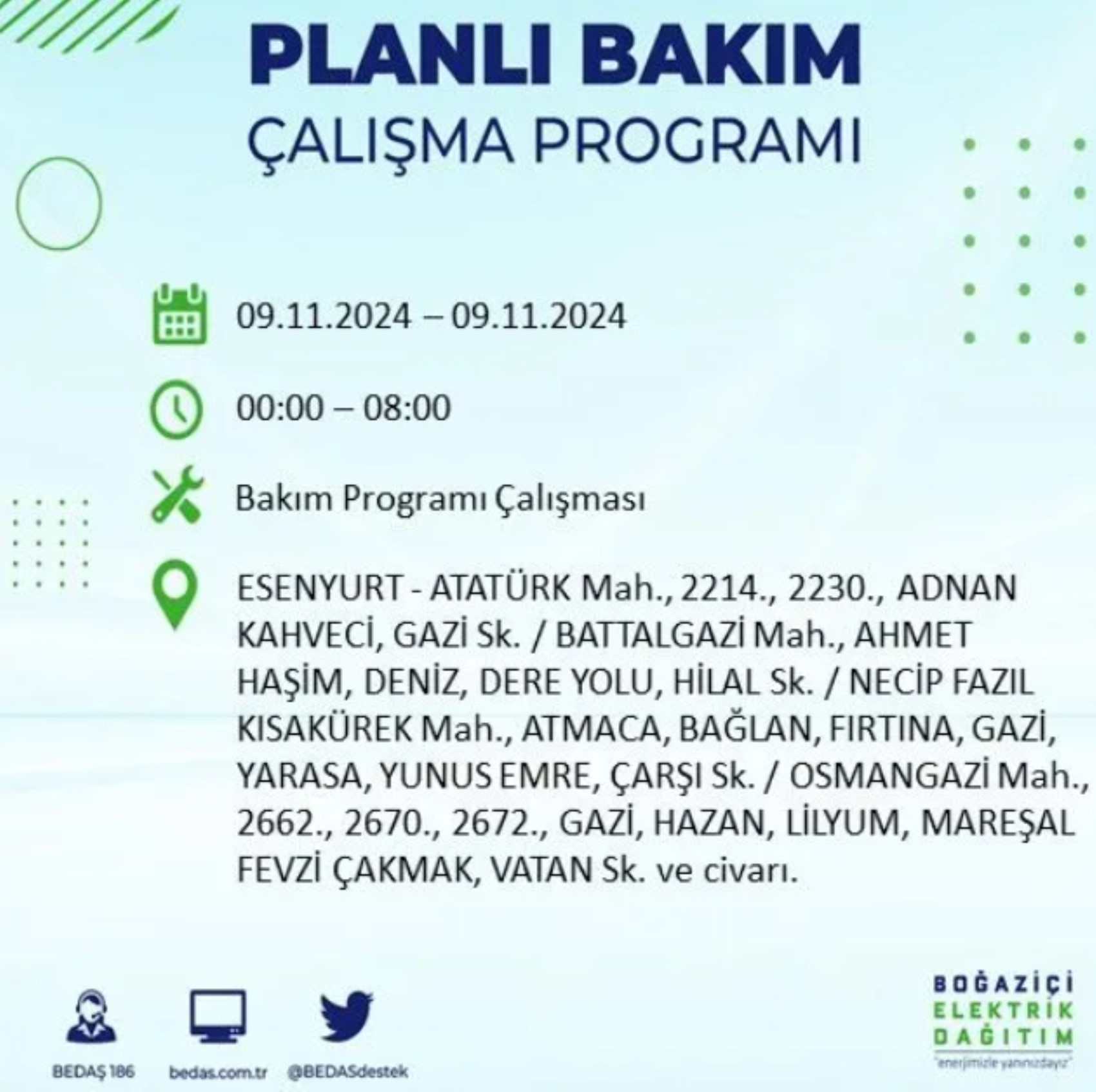 BEDAŞ duyurdu... 9 Kasım Cumartesi günü İstanbul'da hangi ilçelerde elektrik kesintisi yapılacak?