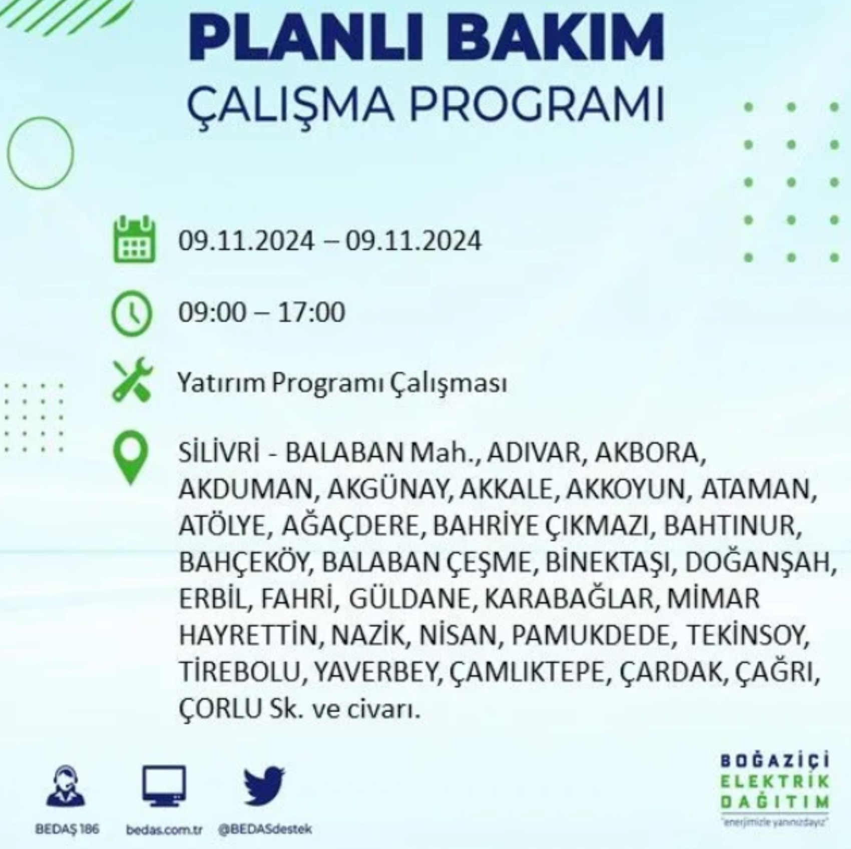 BEDAŞ duyurdu... 9 Kasım Cumartesi günü İstanbul'da hangi ilçelerde elektrik kesintisi yapılacak?