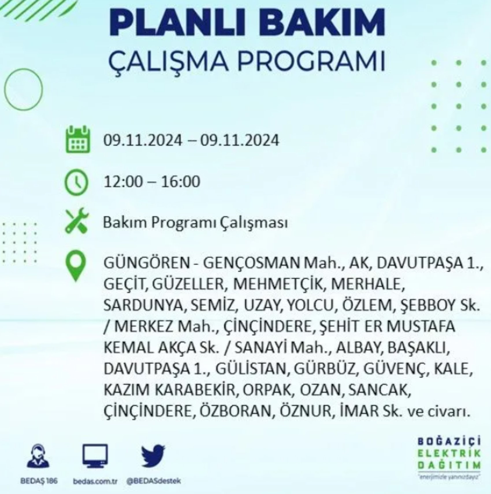 BEDAŞ duyurdu... 9 Kasım Cumartesi günü İstanbul'da hangi ilçelerde elektrik kesintisi yapılacak?