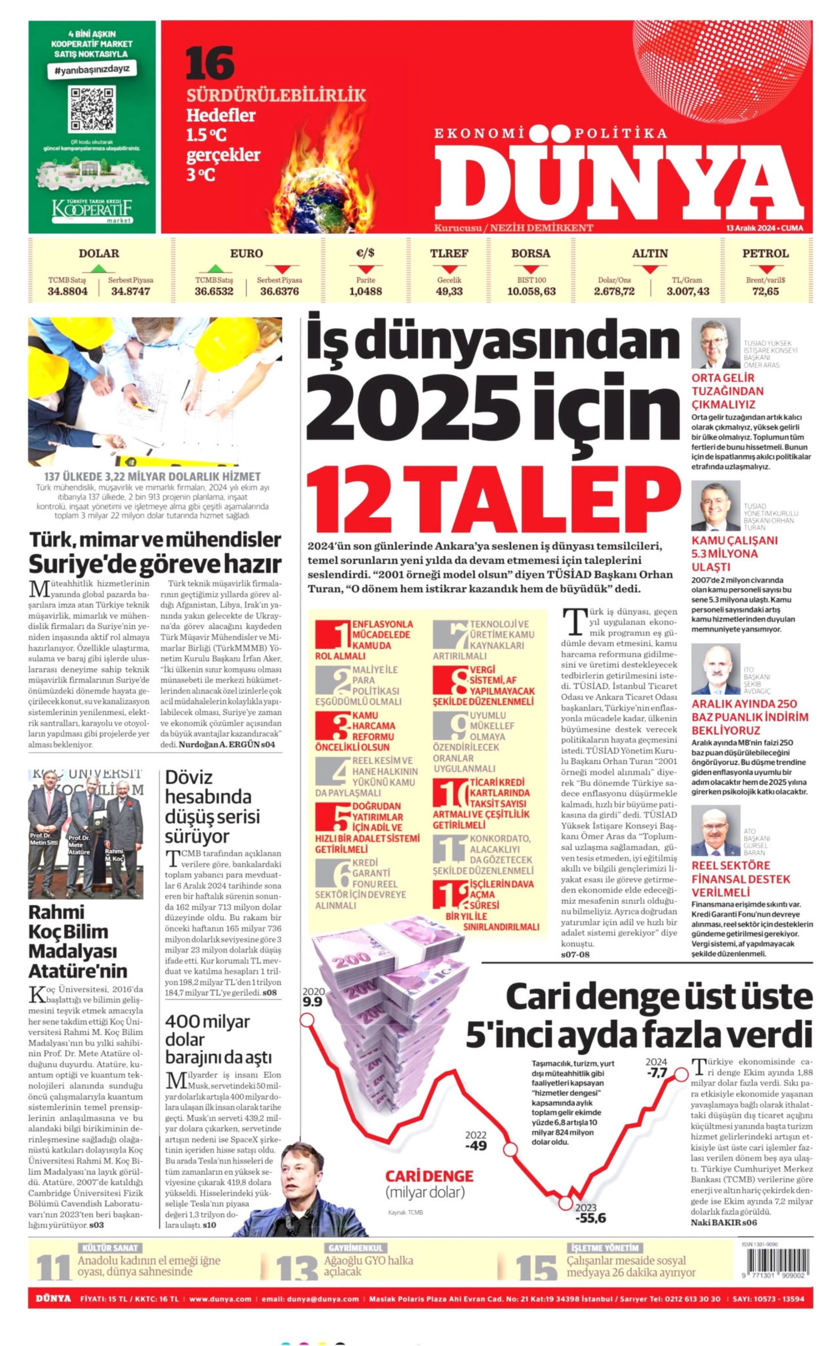 13 Aralık 2024 gazete manşetleri: 'Biz tek bir ağaca ağlarken, Cengiz bir milyonunu kesti!'