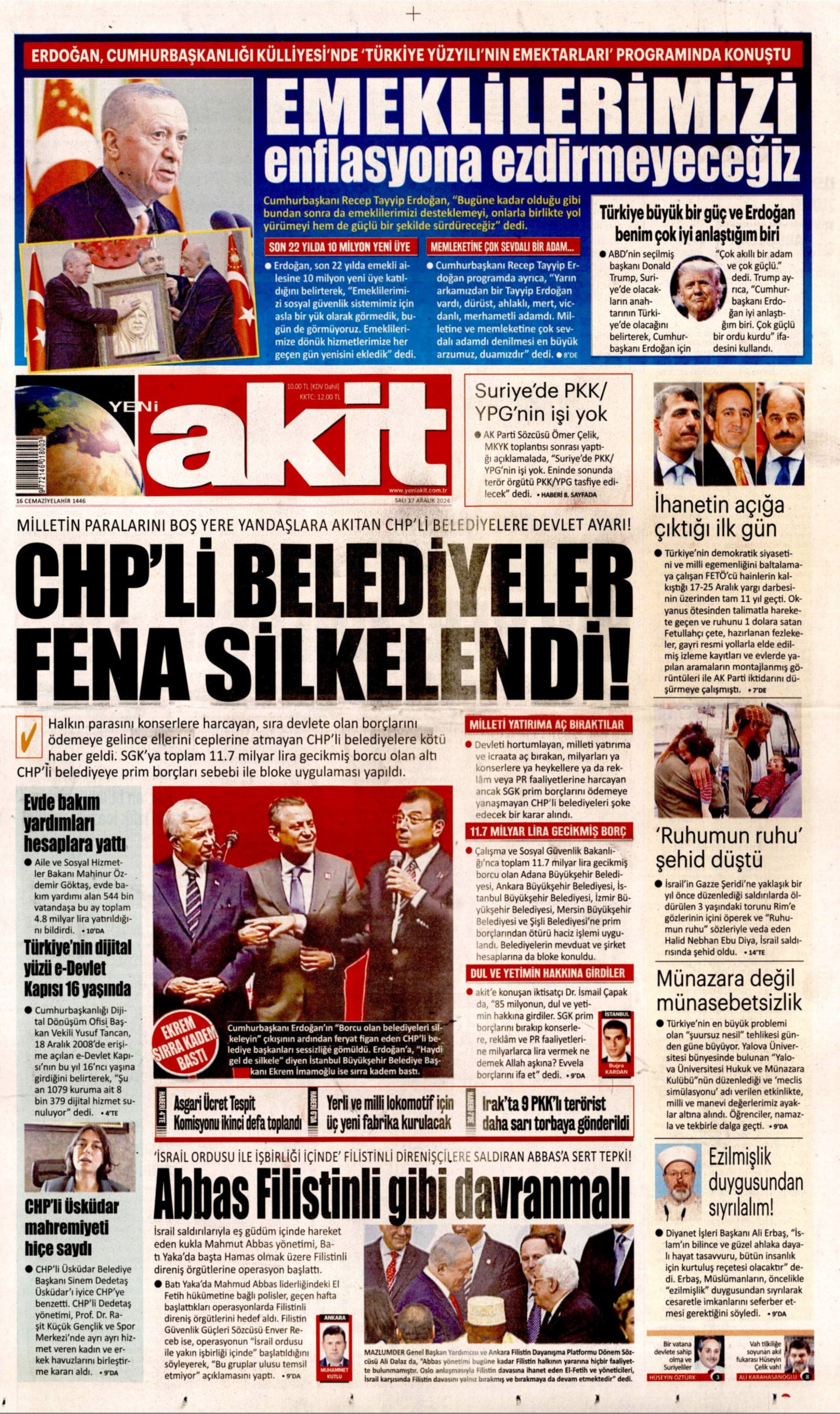 17 Aralık 2024 gazete manşetleri: Gazeteler, CHP'li belediyelere haciz işlemini nasıl gördü?