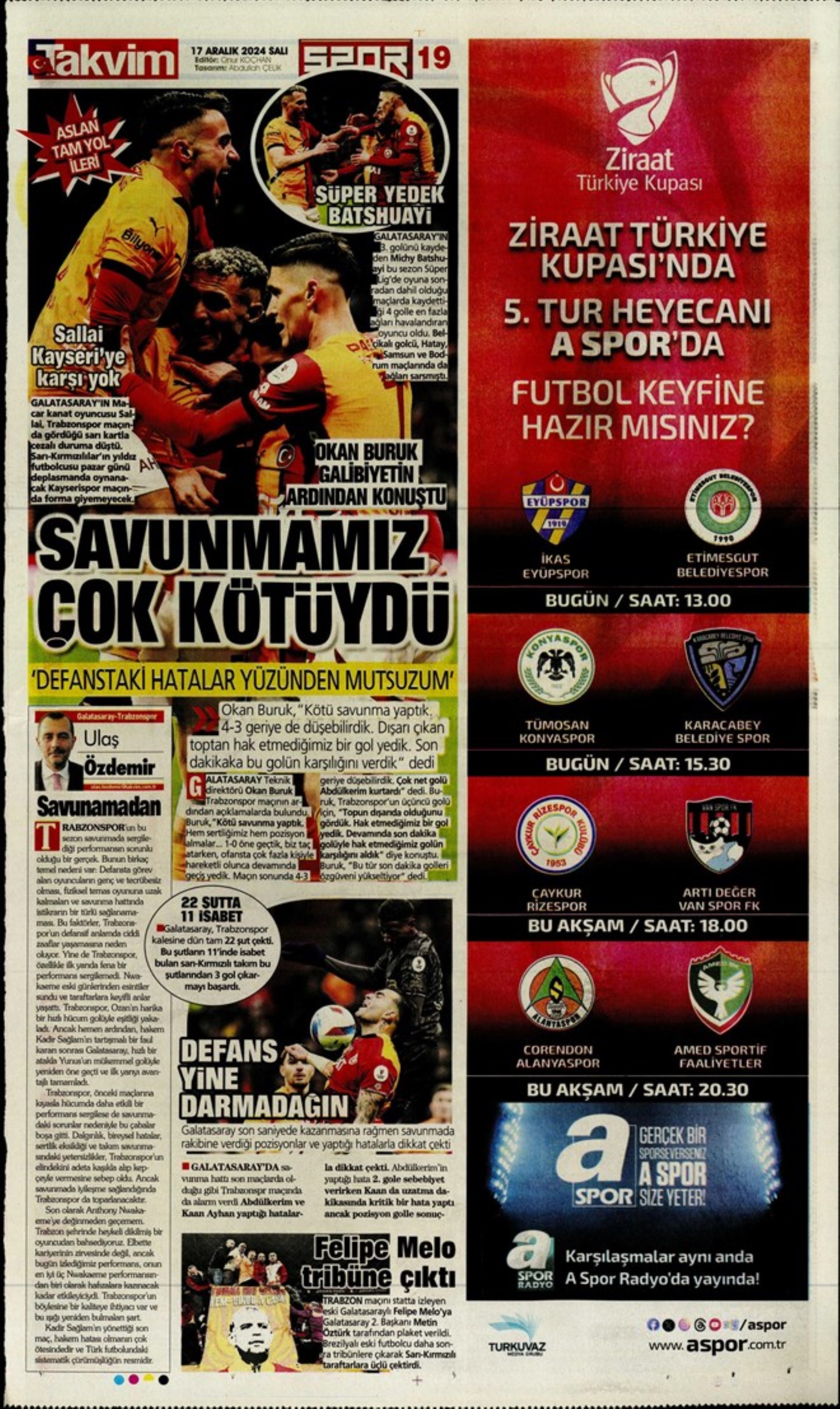 Tempesta Galatasaray al 90'+8: le prime pagine dello sport (17 dicembre)