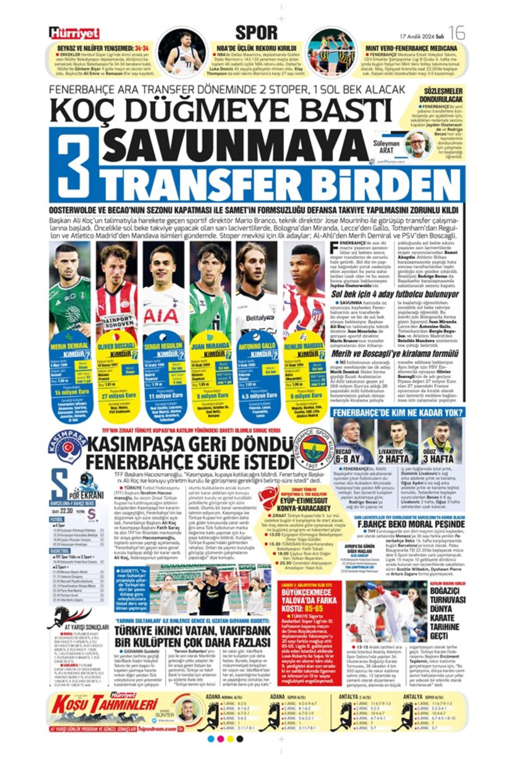 Tempesta Galatasaray al 90'+8: le prime pagine dello sport (17 dicembre)