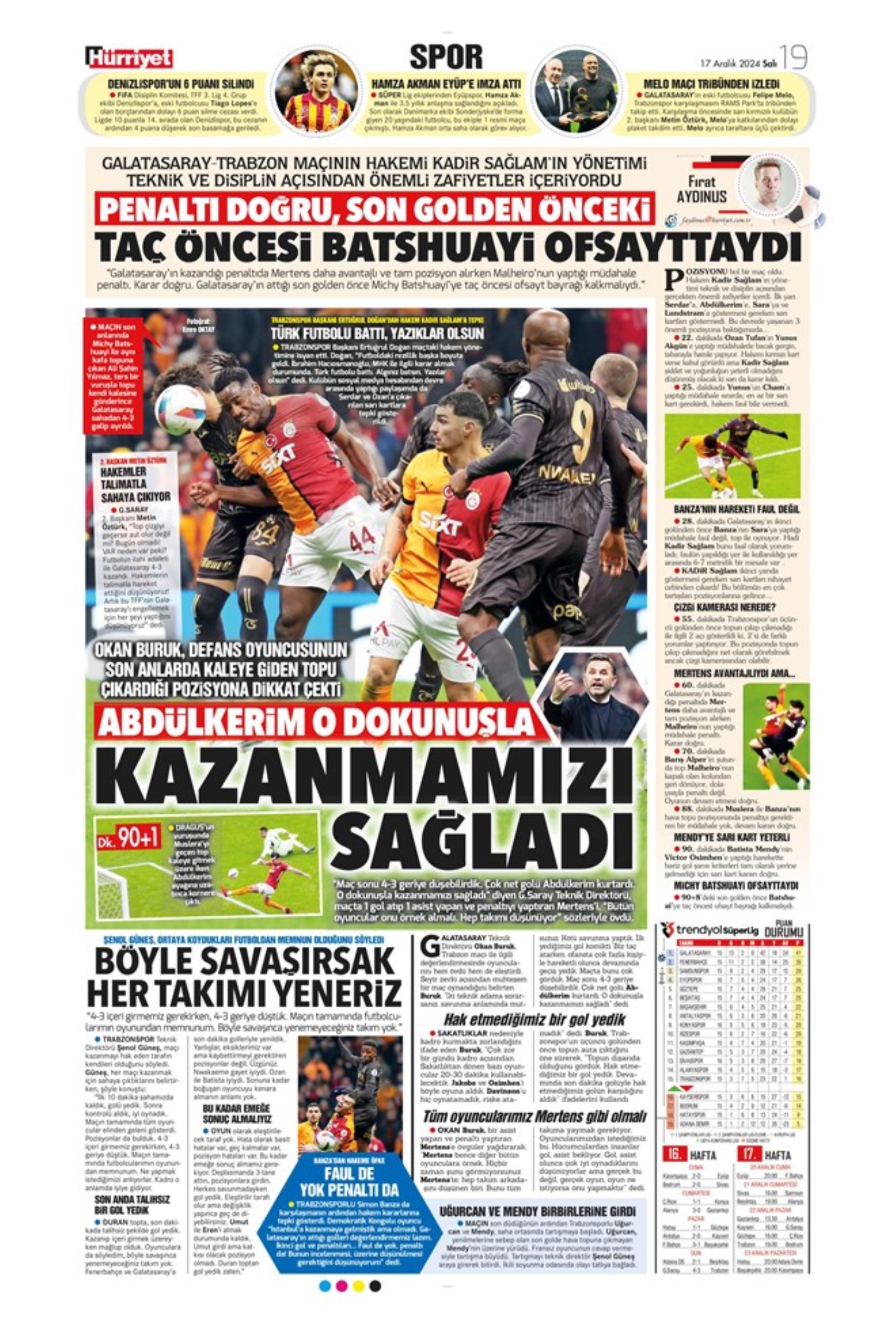 Tempesta Galatasaray al 90'+8: le prime pagine dello sport (17 dicembre)