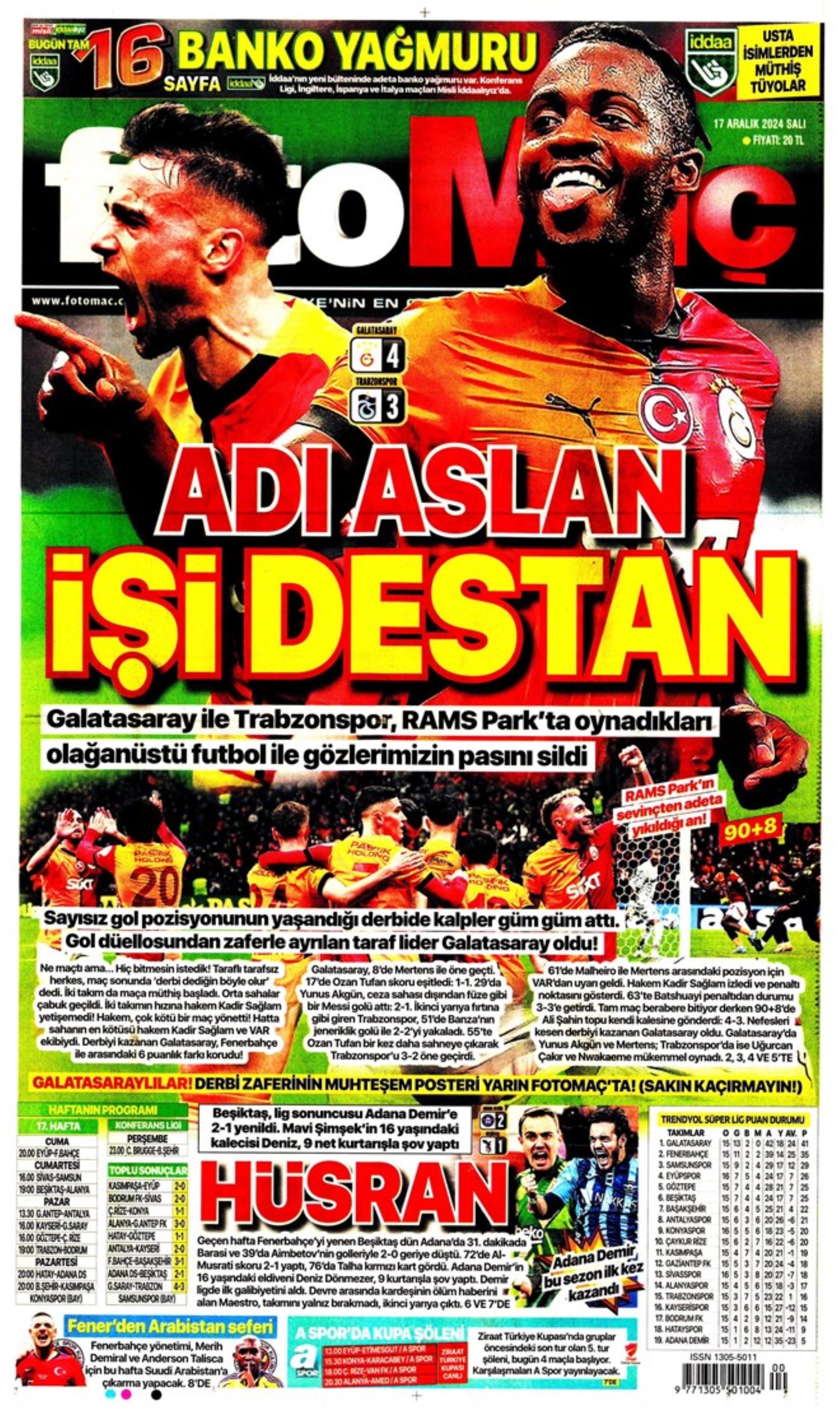Tempesta Galatasaray al 90'+8: le prime pagine dello sport (17 dicembre)
