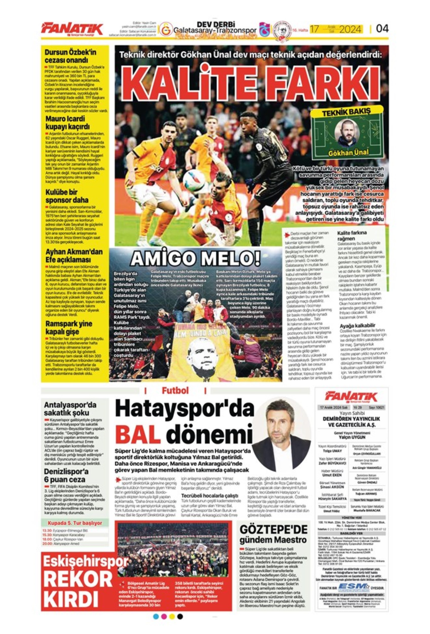 Tempesta Galatasaray al 90'+8: le prime pagine dello sport (17 dicembre)