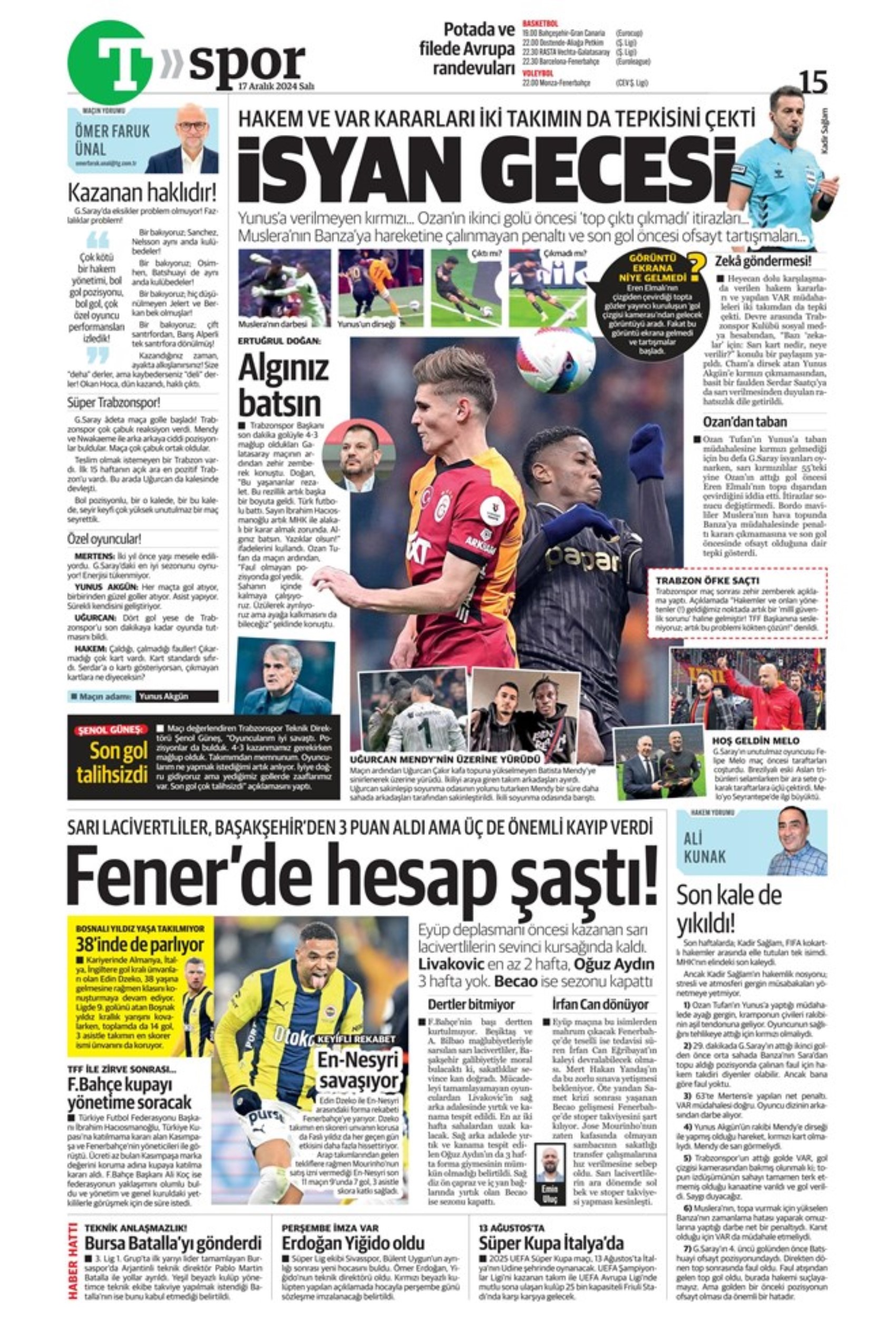 Tempesta Galatasaray al 90'+8: le prime pagine dello sport (17 dicembre)