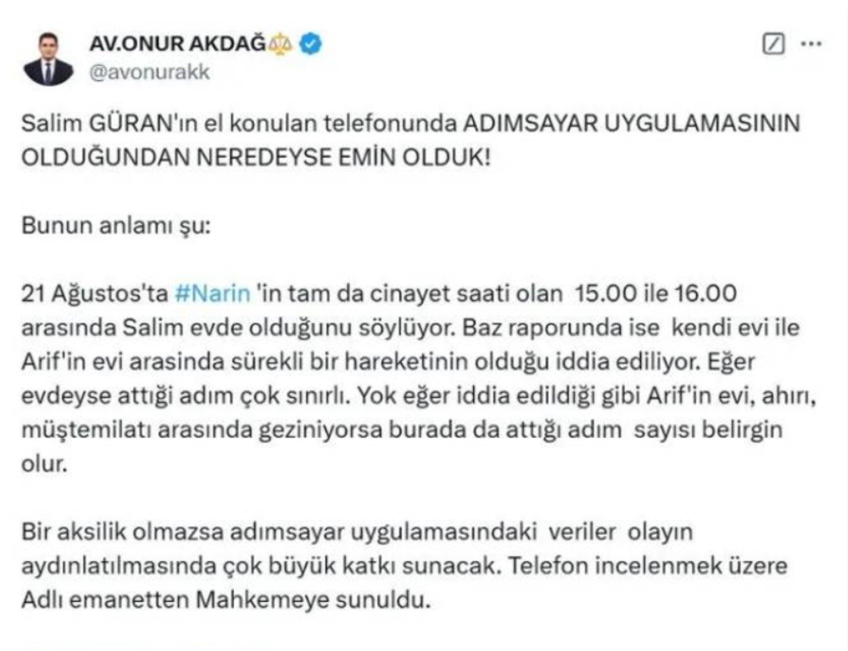 Narin Güran cinayetinin şifreleri çözülüyor: Salim Güran'ın telefonunda adımsayar uygulaması bulundu!