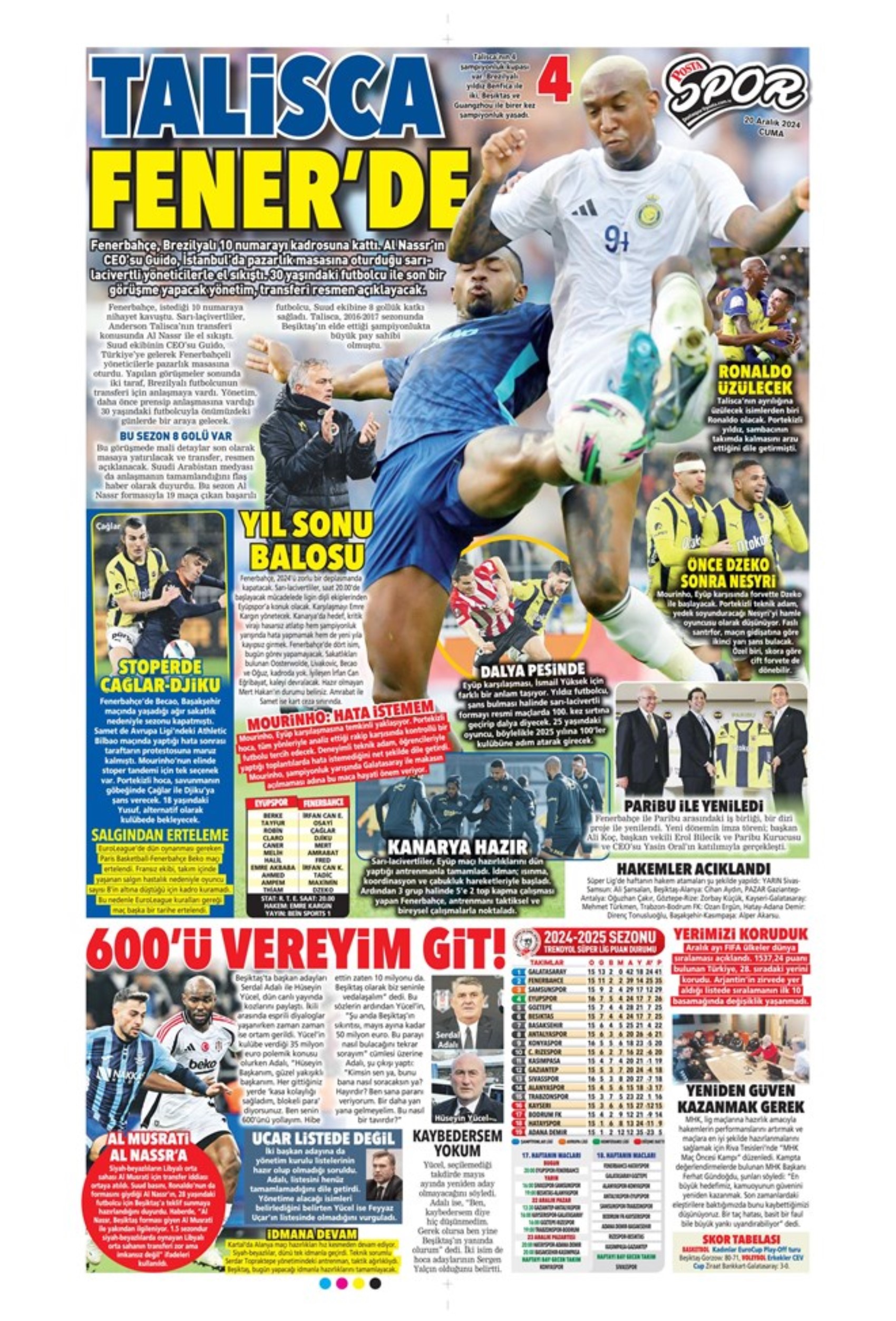 Talisca è fatta? Il Fenerbahçe vola in Arabia: crisi Dybala al Galatasaray: i titoli sportivi del 20 dicembre 2024
