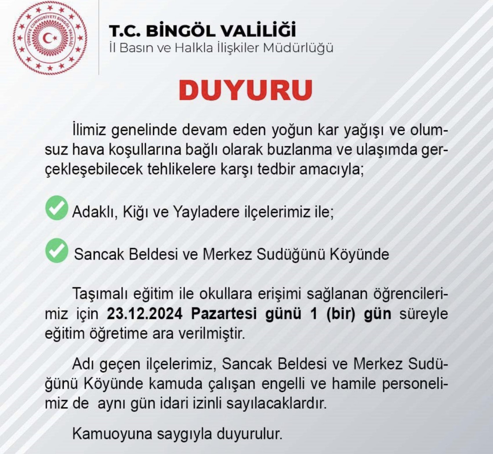 Bingöl'de eğitime kar engeli! Hangi ilçelerde okullar tatil edildi?