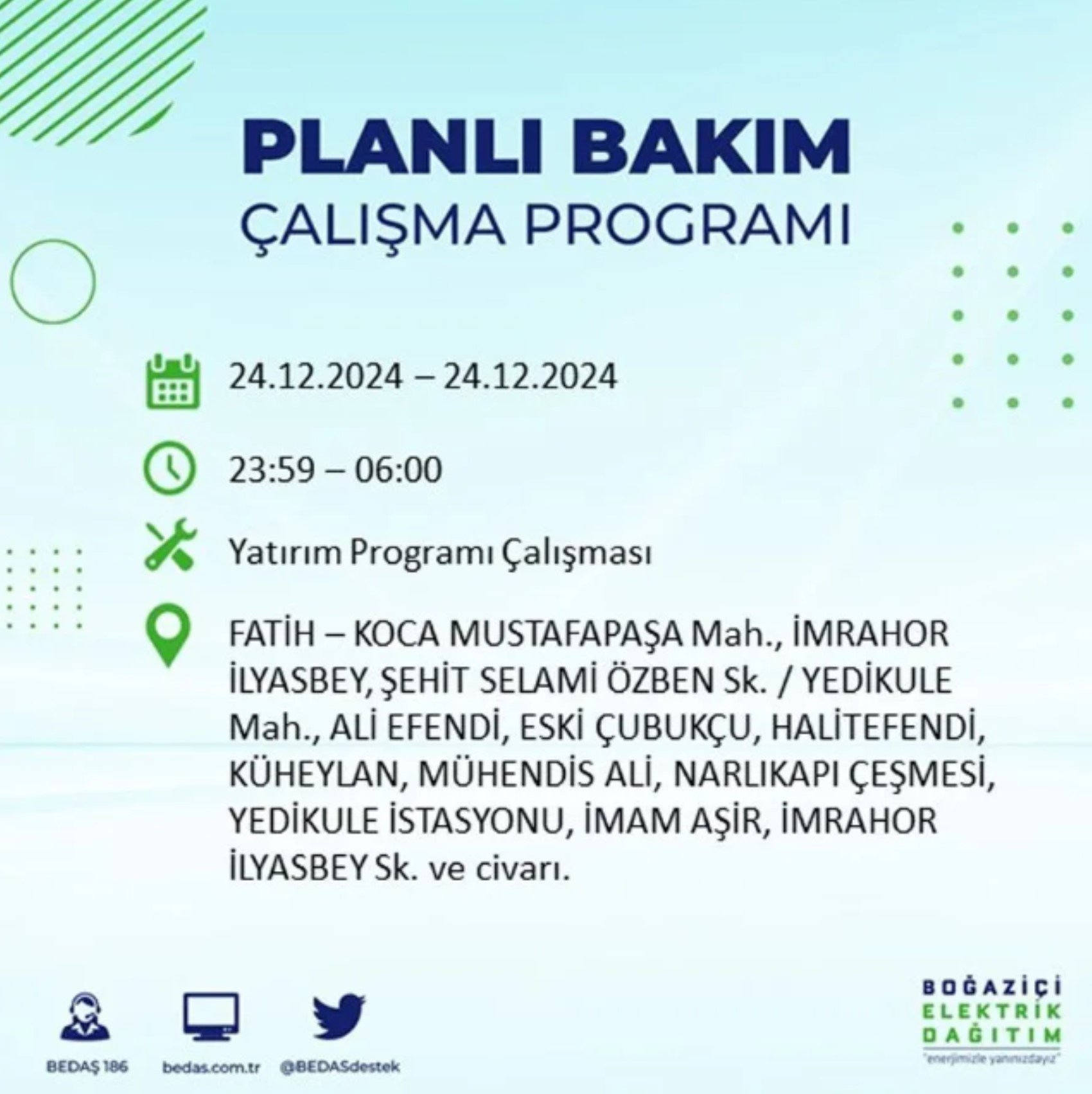 BEDAŞ açıkladı... İstanbul'da elektrik kesintisi: 24 Aralık'ta hangi mahalleler etkilenecek?