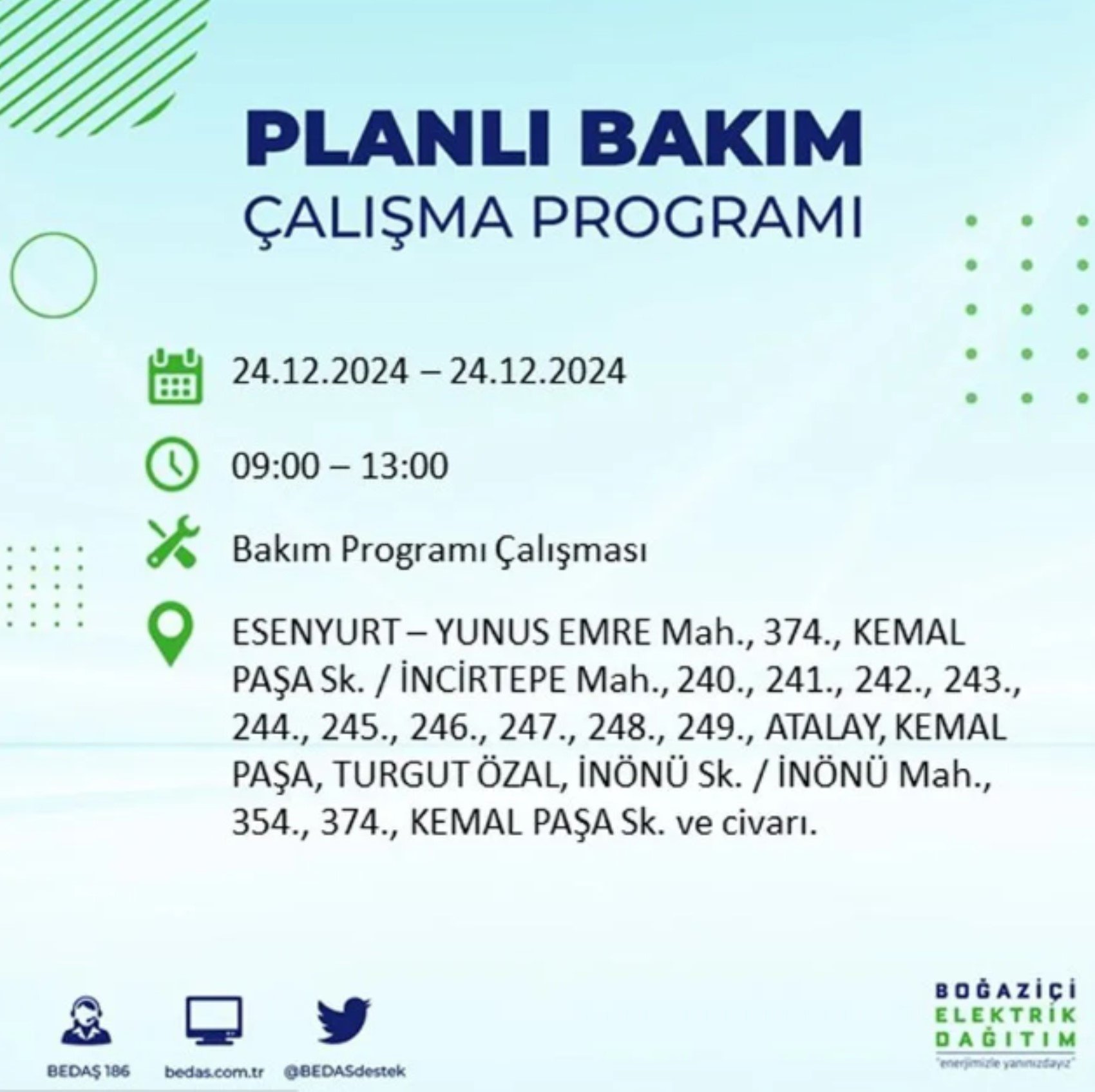 BEDAŞ açıkladı... İstanbul'da elektrik kesintisi: 24 Aralık'ta hangi mahalleler etkilenecek?