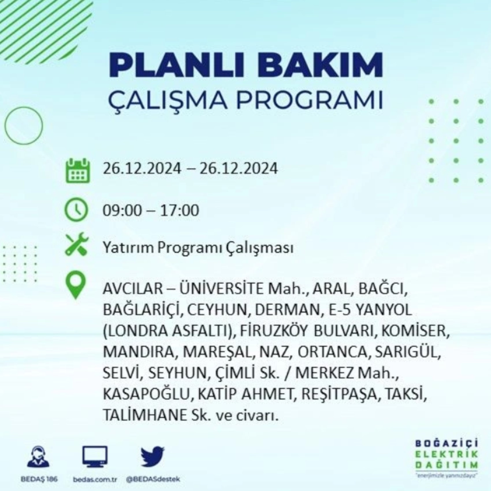 BEDAŞ açıkladı... İstanbul'da elektrik kesintisi: 26 Aralık'ta hangi mahalleler etkilenecek?