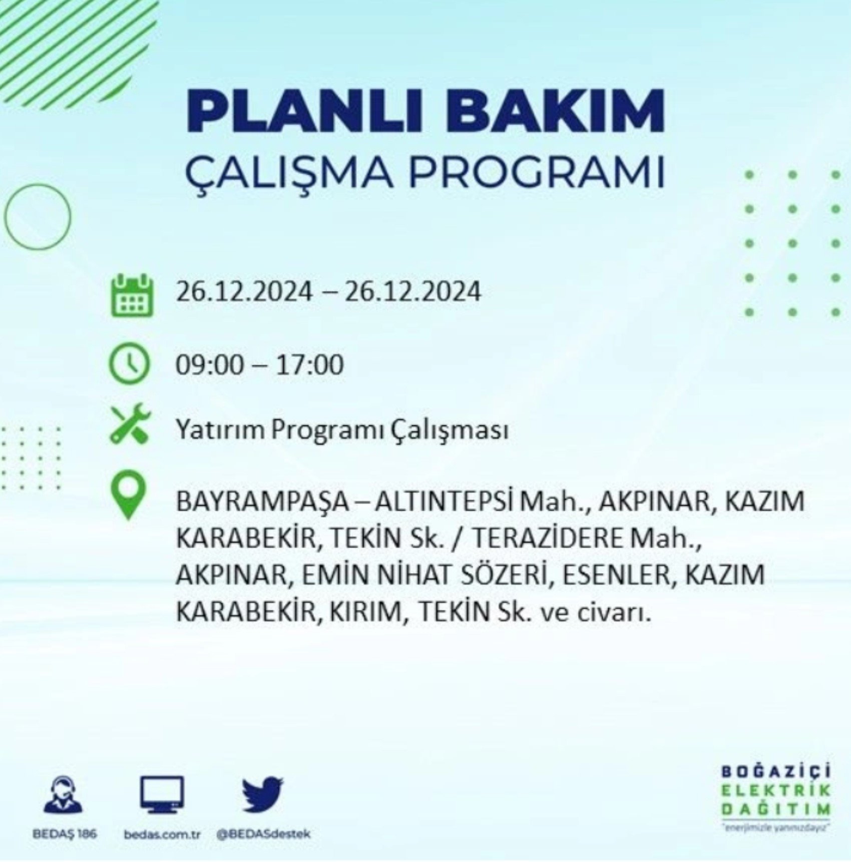 BEDAŞ açıkladı... İstanbul'da elektrik kesintisi: 26 Aralık'ta hangi mahalleler etkilenecek?