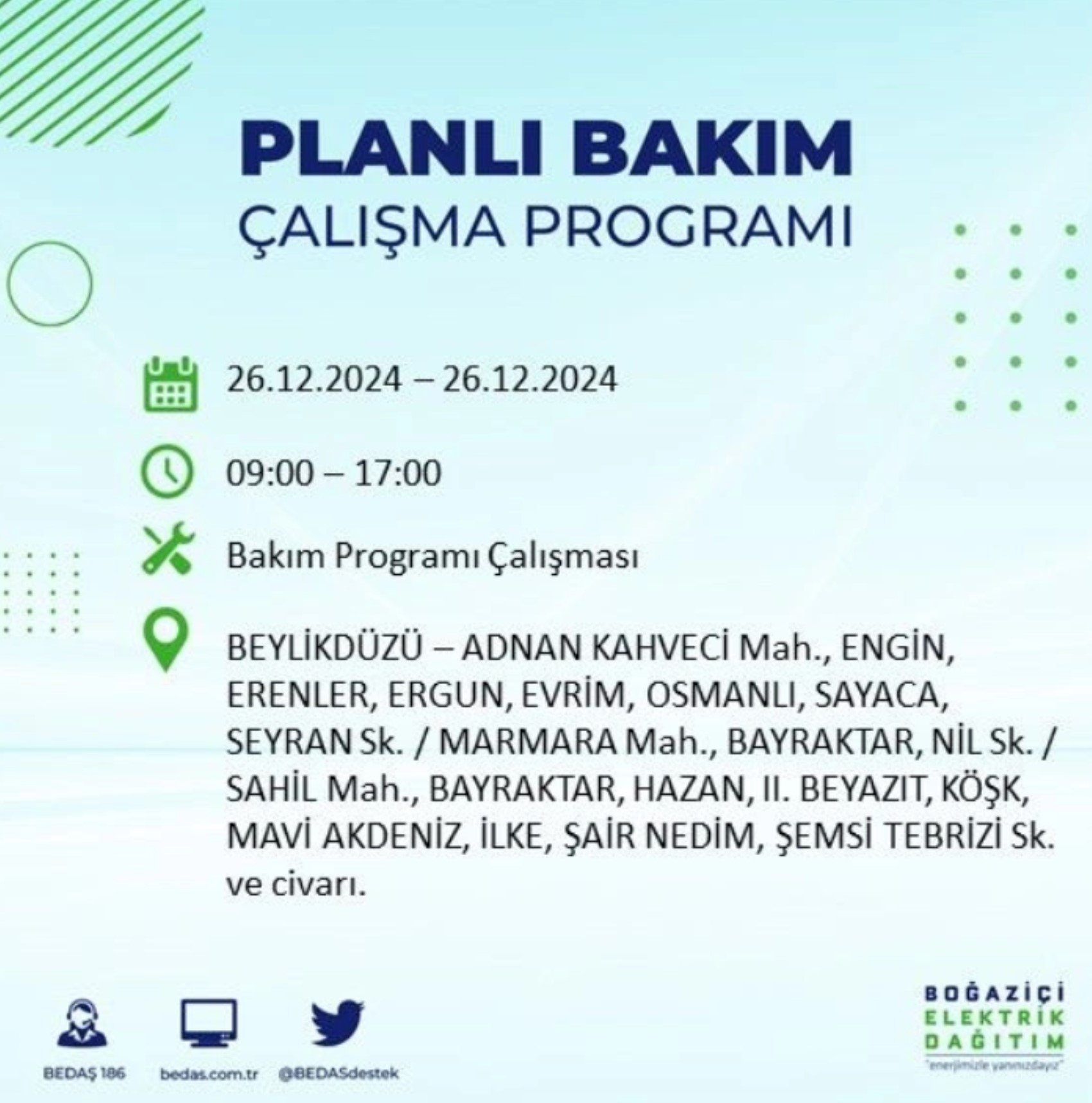 BEDAŞ açıkladı... İstanbul'da elektrik kesintisi: 26 Aralık'ta hangi mahalleler etkilenecek?