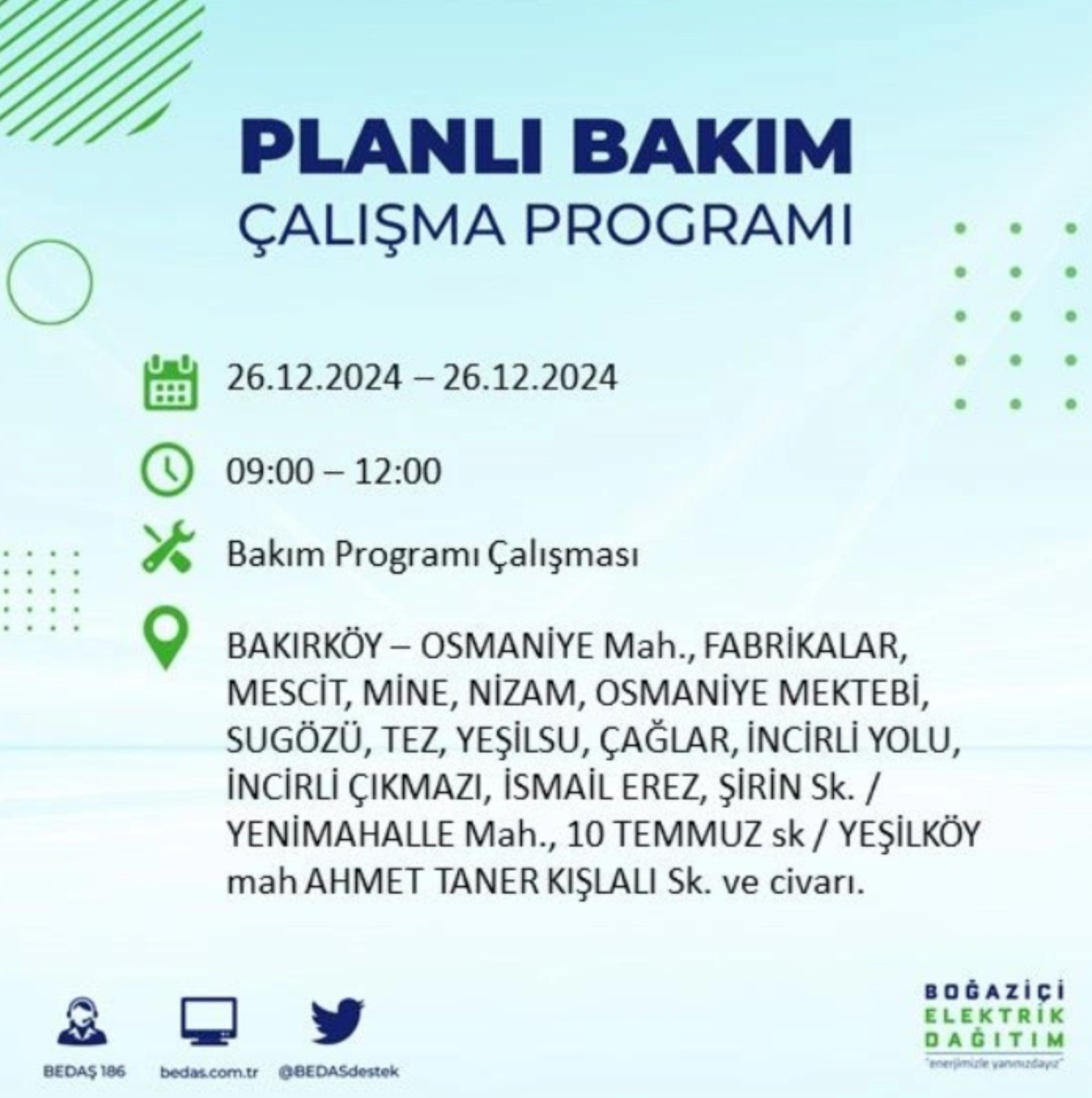 BEDAŞ açıkladı... İstanbul'da elektrik kesintisi: 26 Aralık'ta hangi mahalleler etkilenecek?