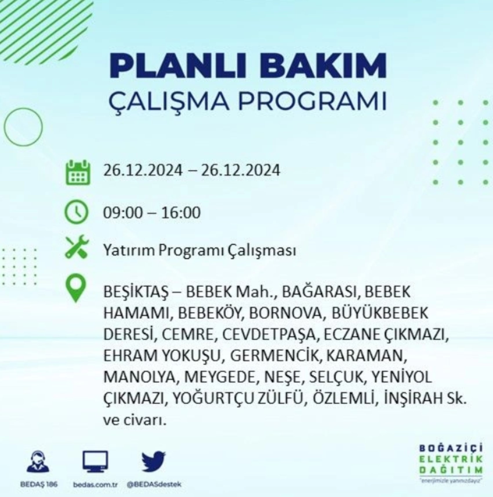 BEDAŞ açıkladı... İstanbul'da elektrik kesintisi: 26 Aralık'ta hangi mahalleler etkilenecek?