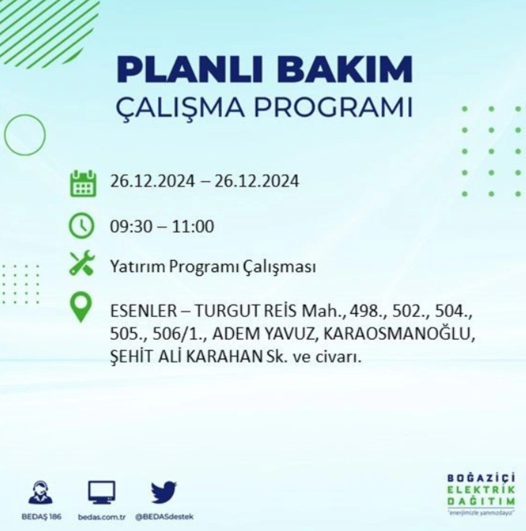 BEDAŞ açıkladı... İstanbul'da elektrik kesintisi: 26 Aralık'ta hangi mahalleler etkilenecek?