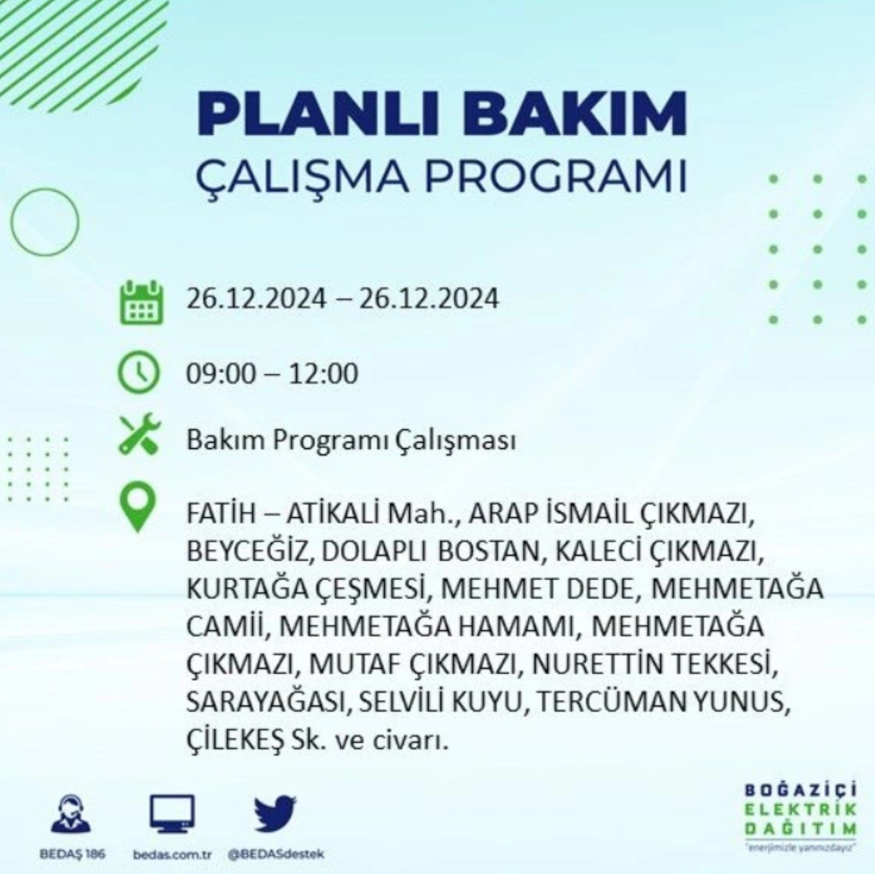 BEDAŞ açıkladı... İstanbul'da elektrik kesintisi: 26 Aralık'ta hangi mahalleler etkilenecek?