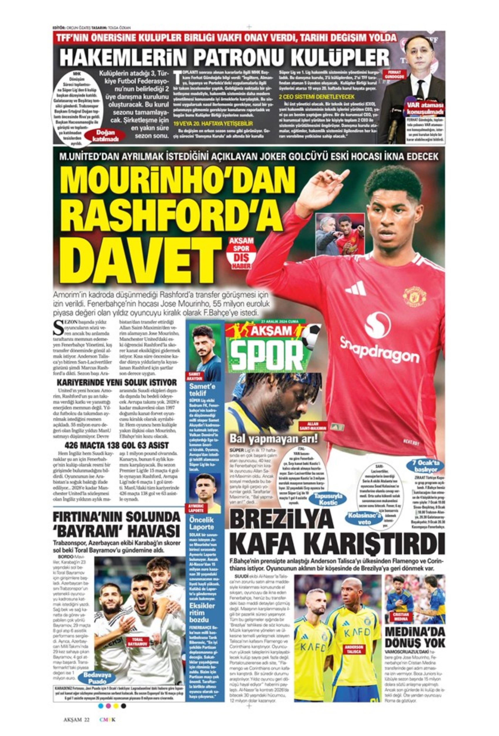 L'invito di Mourinho a Rashford: i titoli sportivi del 27 dicembre