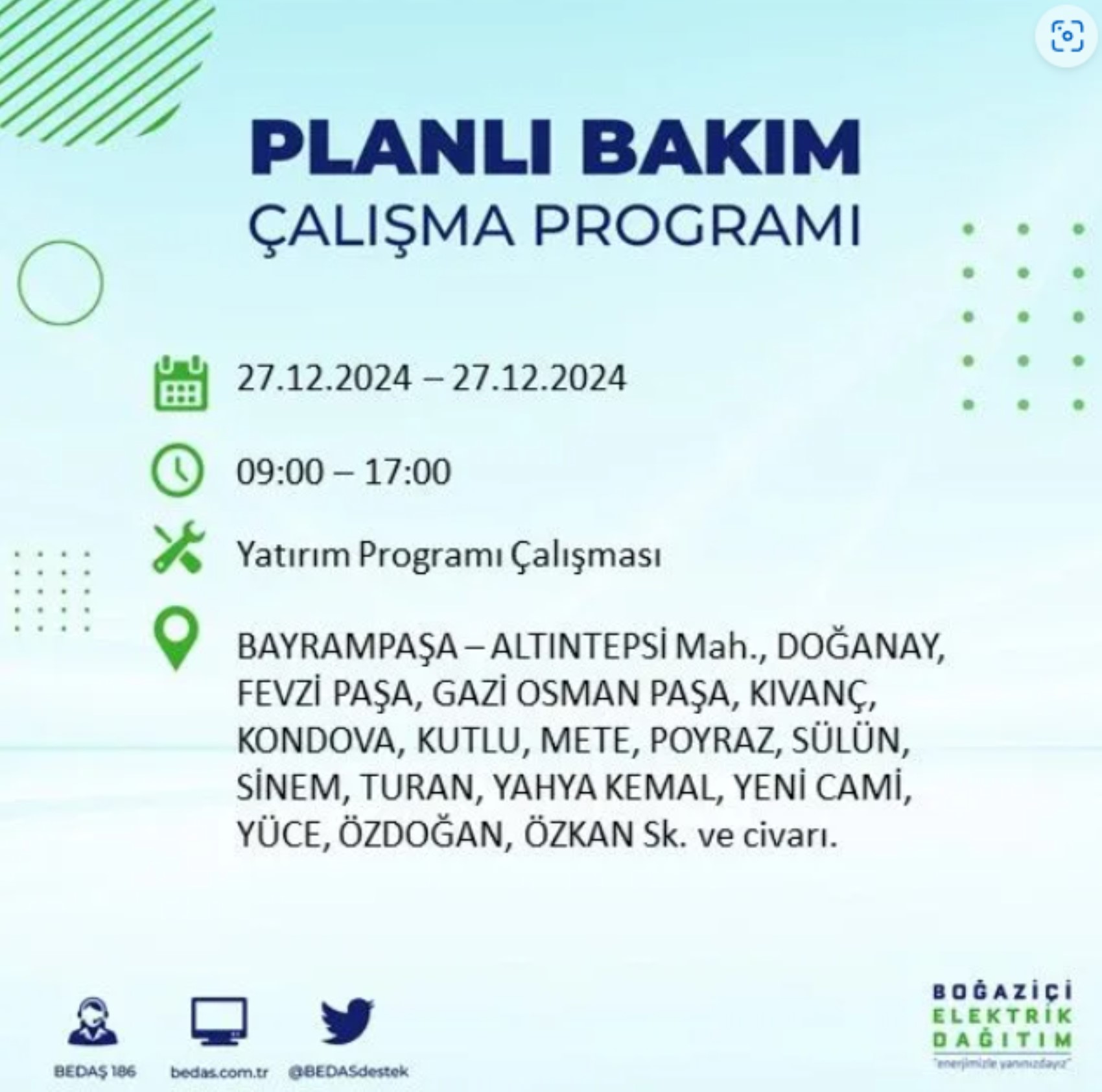 BEDAŞ açıkladı... İstanbul'da elektrik kesintisi: 27 Aralık'ta hangi mahalleler etkilenecek?